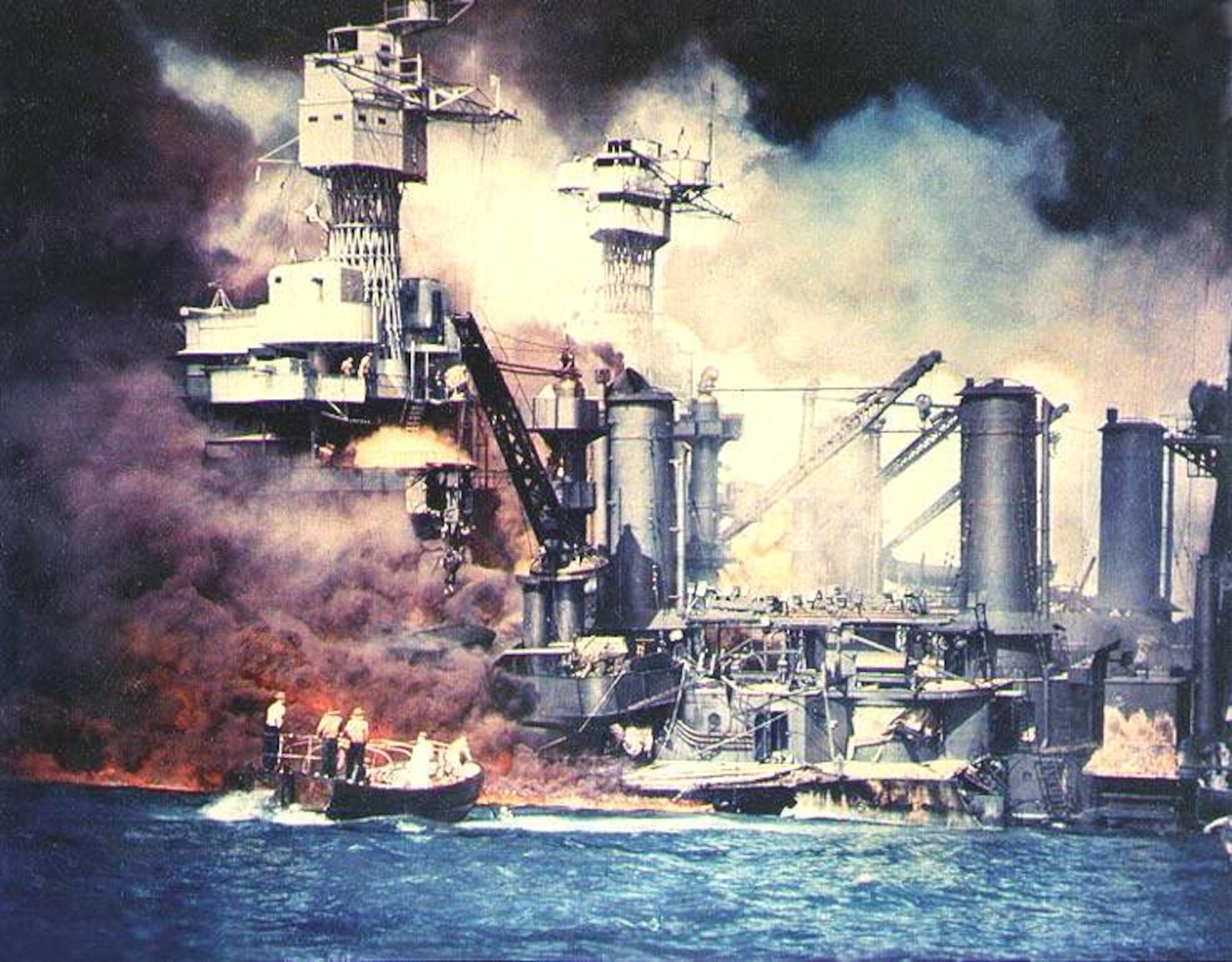 Sailors in a motor launch rescue a survivor from the water alongside the sunken West Virginia during or shortly after the Japanese air raid on Pearl Harbor. Tennessee is inboard of the sunken battleship. Note the extensive distortion of West Virginia's lower amidships superstructure, caused by torpedoes that exploded below that location. (U.S. Navy photo/C-5904 National Archives)