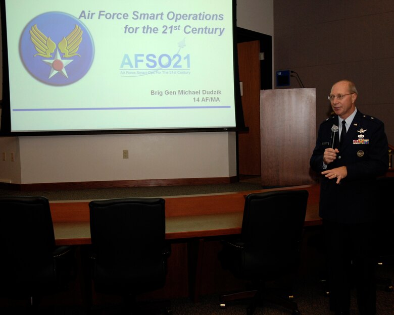VANDENBERG AIR FORCE BASE, Calif. -- Brig. Gen. Michael Dudzik, 14 Air Force Mobilization Assistant, speaks at the Air Force Smart Operations Seminar on Dec. 5.  The AFSO 21 Seminar is an initiative whereby the Air Force is looking to find ways to become more efficient in all of its processes. (U.S. Air Force photo/Airman 1st Class Jonathan Olds)