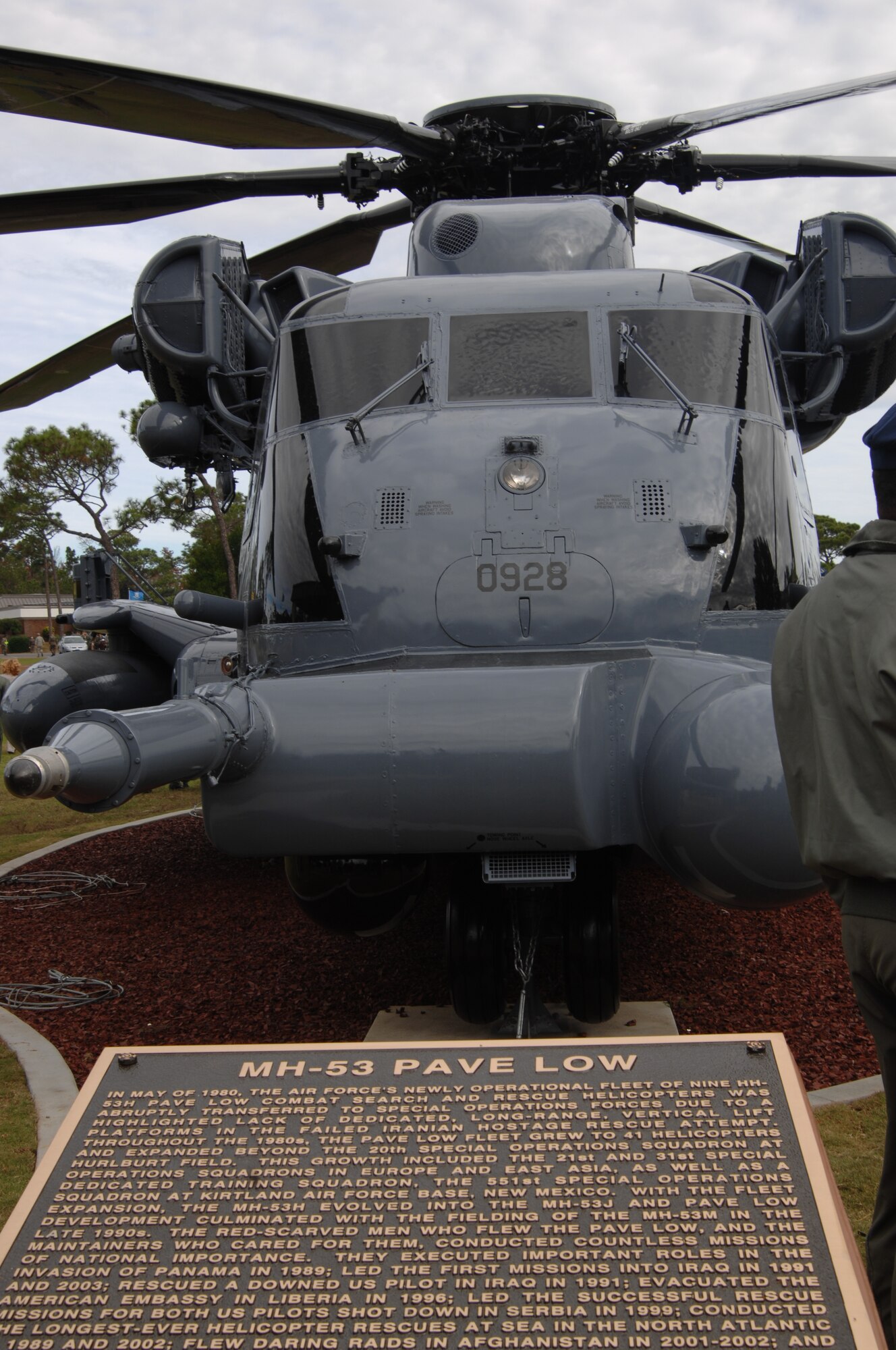 This MH-53 PAVE LOW, tail number 68-10928, has been given a new home in the Hurlburt Field air park. A dedication ceremony Dec. 3 celebrated the aircraft's extensive history and addition to the park. (U.S. Air Force photo/Airman 1st Class Sheila DeVera)