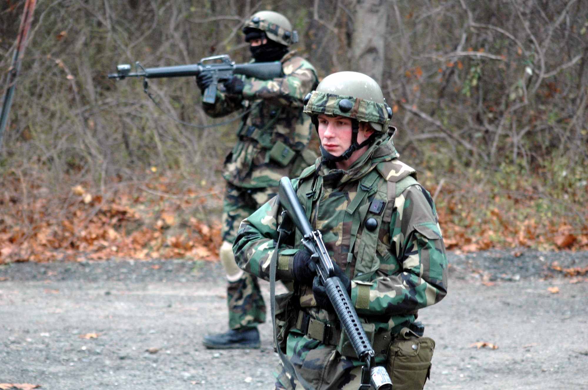 Students in the Air Force Advanced Contingency Skills Training Course 08-2 practice combat tactics and patrolling during field training Dec. 4 on a range on Fort Dix, N.J.  The course is taught by the U.S. Air Force Expeditionary Center's 421st Combat Training Squadron and prepares Airmen for upcoming deployments.  (U.S. Air Force Photo/Tech. Sgt. Scott T. Sturkol) 