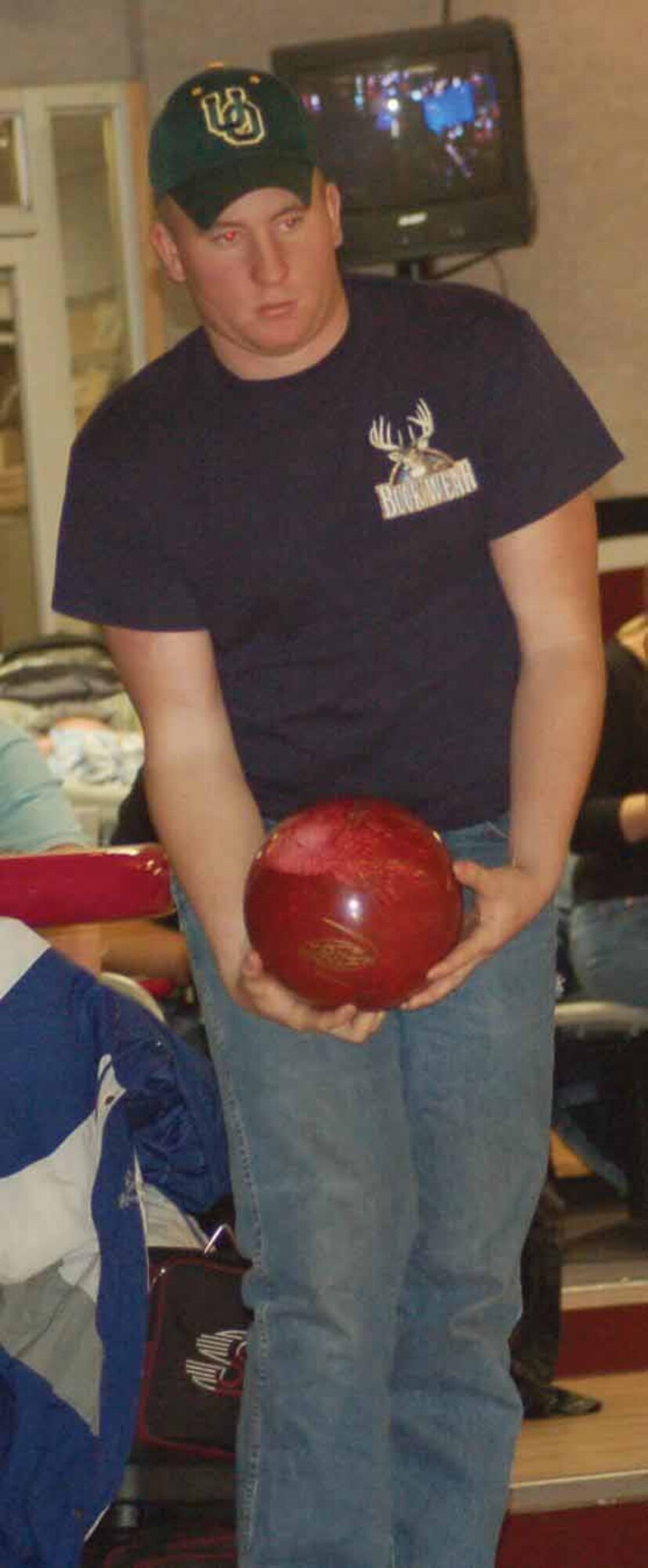 Nicholas Gelrup, 552nd Maintenance Squadron #2 bowler prepares to deliver a strike during a match against the 552nd Maintenance Operations Squadron #1 Nov. 28 at the Tinker Bowling Center,  (Air Force photo by John E. Banks)