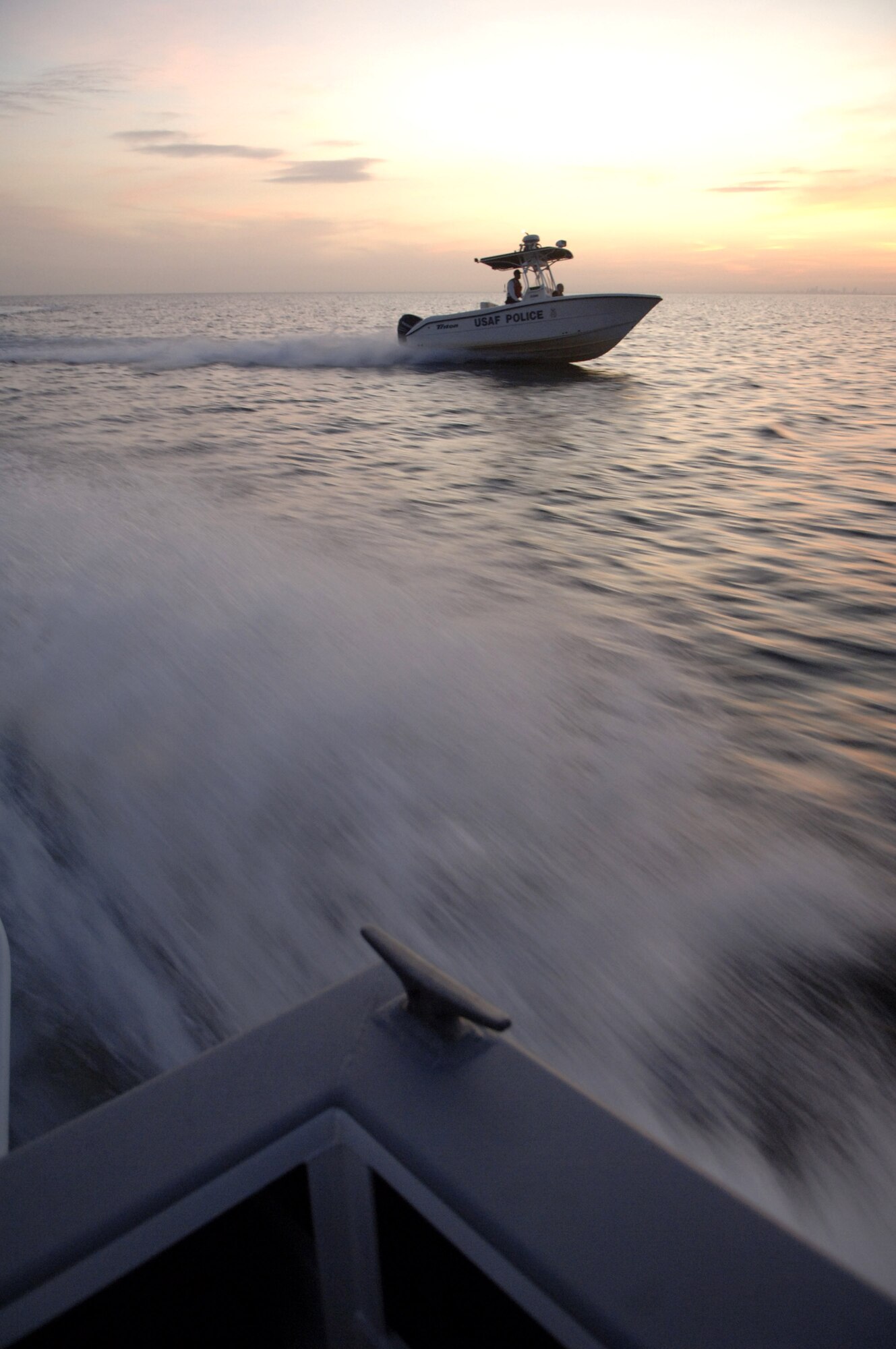 Members of the 6th Security Forces Squadron boat patrol at MacDill Air Force Base, Fla., police Tampa Bay Nov. 27.  The 6th SFS is one of the few security forces squadrons in the Air Force to have a boat patrol and the only one to patrol overnight. (U.S. Air Force photo/Airman Rylan Albright)