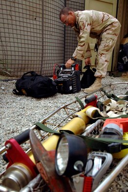 FORWARD OPERATING BASE FENTY, Afghanistan - Master Sgt. Gary Clavin, a fire fighter here, performs an inspection of his extrication equipment, Nov. 10, 2007. More than 3,000 Airmen serve in a variety of missions across Afghanistan, helping to ensure the success of Coalition efforts to bring security and stability to the Afghan people.
(U.S. Air Force Photo by Staff Sgt. Joshua Jasper)