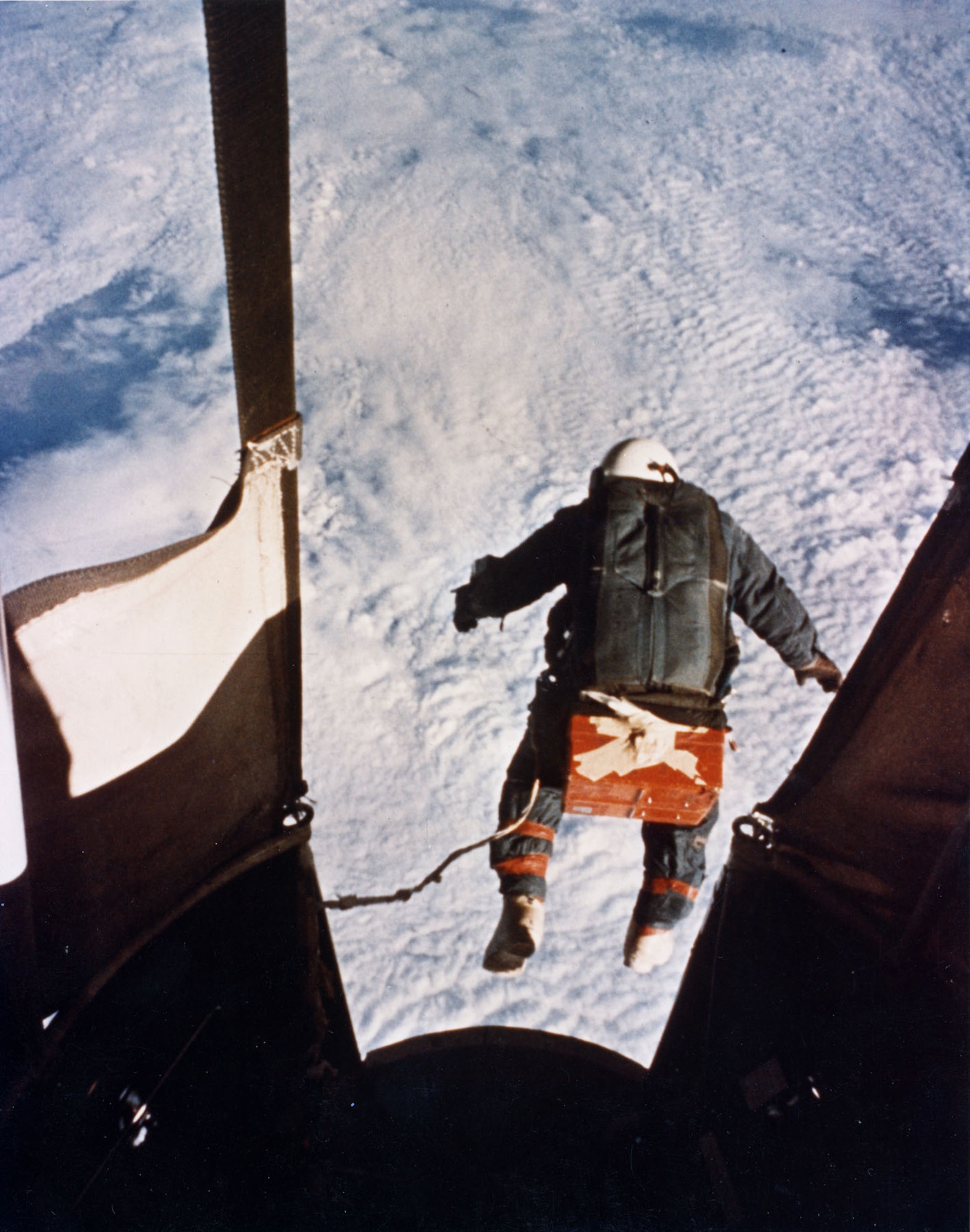 An automatic camera captured Capt. (later Col.) Joseph Kittinger just as he stepped from the balloon-supported Excelsior Gondola on Aug. 16, 1960, at an altitude of 102,800 feet. (U.S. Air Force photo)