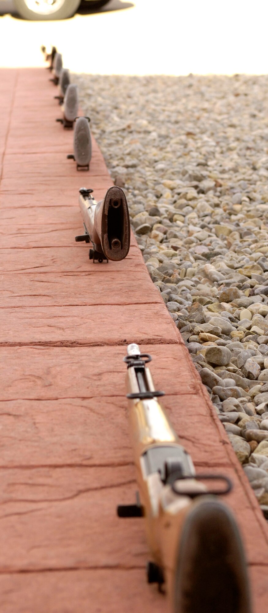 M14 rifles sit, ready to be used by the Holloman AFB Steel Talons Honor Guard during the rifle cordon in honor of Michael Wynne, Secretary of the Air Force (SECAF) landing at Holloman AFB, New Mexico, 06 Dec. 2007. The SECAF visited Holloman as part of his visit to White Sands Missile range. (U.S. Air Force Photo/SSgt Jason Colbert)