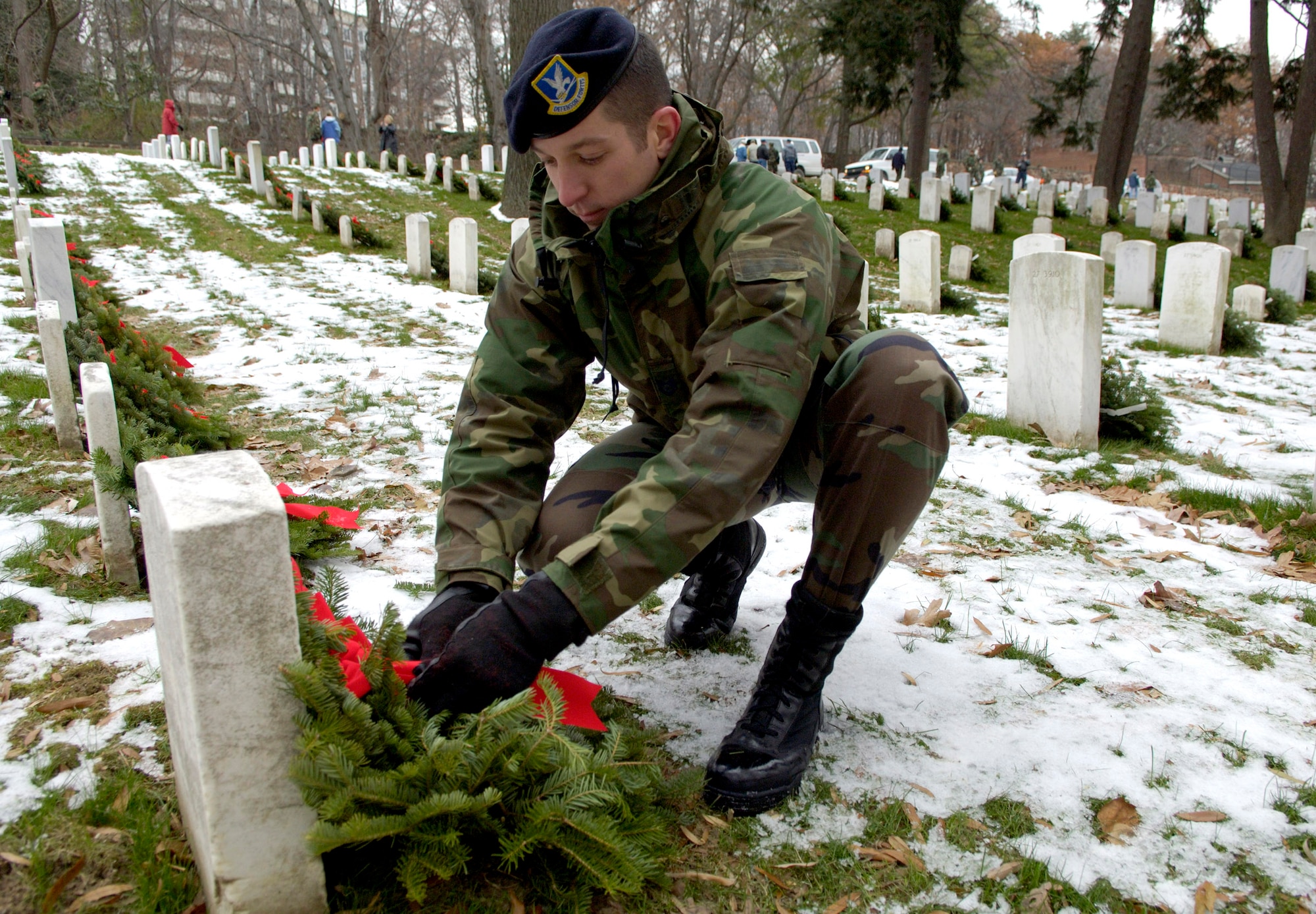 Veterans' memorials and gravesites across the nation will be adorned with remembrance wreaths on Dec. 15 through a program known as Wreaths Across America.  Some 32,144 wreaths are scheduled to be placed in cemeteries and memorials on that day.  (U.S. Air Force photo/Master Sgt. Jim Varhegyi)