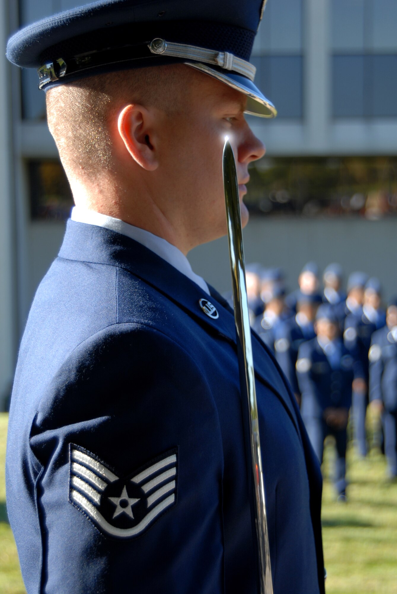 Staff Sgt. Sean Byerly of the Air Reserve Personnel Center Honor Guard prepares for the change of command ceremony at ARPC on Sept. 20. Brig. Gen. Eric W. Crabtree assumed command of the center. General Crabtree was previously the 446th Wing commander at McChord Air Force Base, Wash. (U.S. Air Force photo/Ellen Edwards)