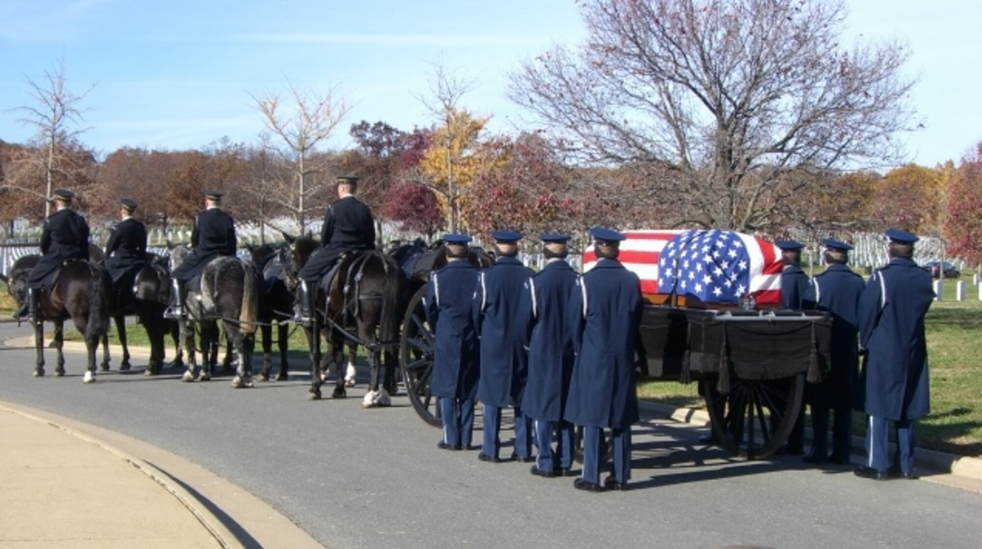 MOUNTAIN HOME AIR FORCE BASE, Idaho -- Members of the Air Force honor guard carry the remains of Capt. Stephen A. Rusch during his funeral service at Arlington National Cemetery in Arlington, Va., Nov. 30. Captain Rusch served as an F-4E Phantom II weapons system officer during the Vietnam War. He was assigned to the 366th Tactical Fighter Wing’s 4th Tactical Fighter Squadron at Da Nang, Republic of Vietnam, when his plane went down during a combat mission. His remains were identified Nov. 27, after which he was returned home for burial. (Courtesy photo)