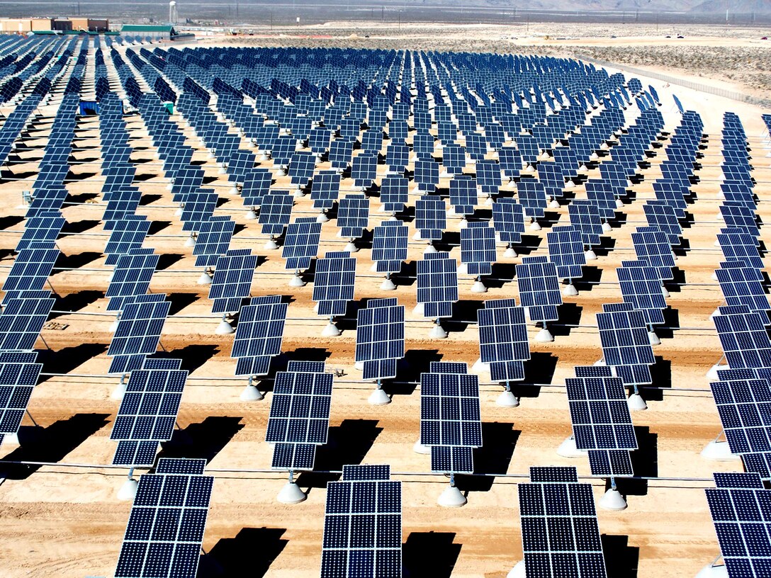 On 140 acres of unused land on Nellis Air Force Base, Nev., 70,000 solar panels are part of a solar photovoltaic array that will generate 15 megawatts of solar power for the base.  (U.S. Air Force photo/Airman 1st Class Nadine Y. Barclay)