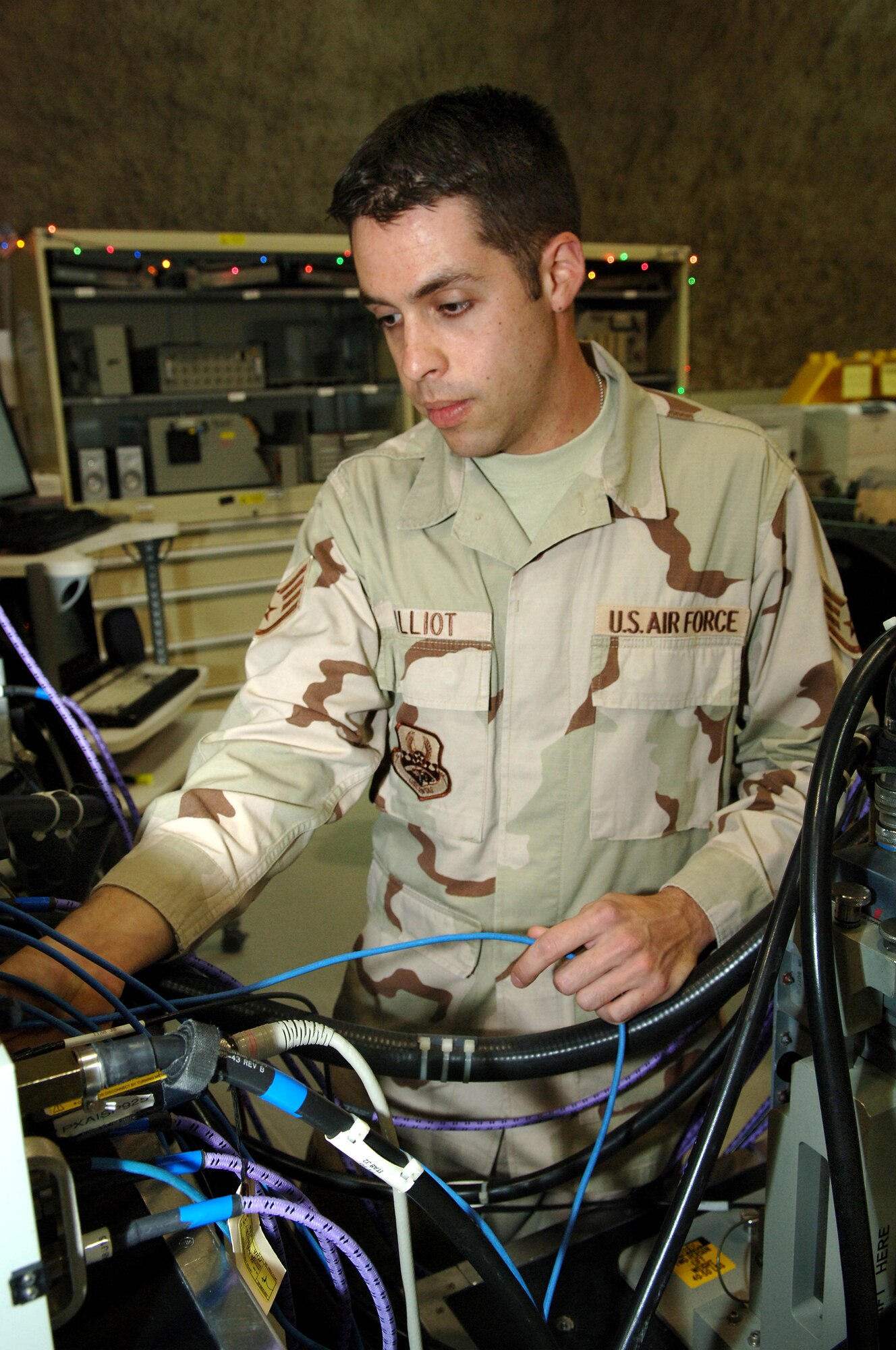 SOUTHWEST ASIA - Staff Sgt. Kyle Billiot, 379th Expeditionary Maintenance Squadron, performs a diagnostic test on a F-15E radar receiver at a Southwest Asia air base. Sergeant Billiot is deployed from Seymour Johnson AFB, N.C. (U.S. Air Force photo/Master Sgt. Greg Kunkle)