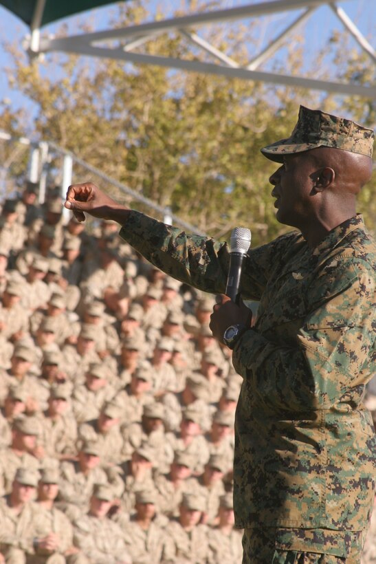 Sgt. Maj. Carlton Kent, 16th Sergeant Major of the Marine Corps speaks to Marines and sailors of the Combat Center during his visit to the base Dec. 10.