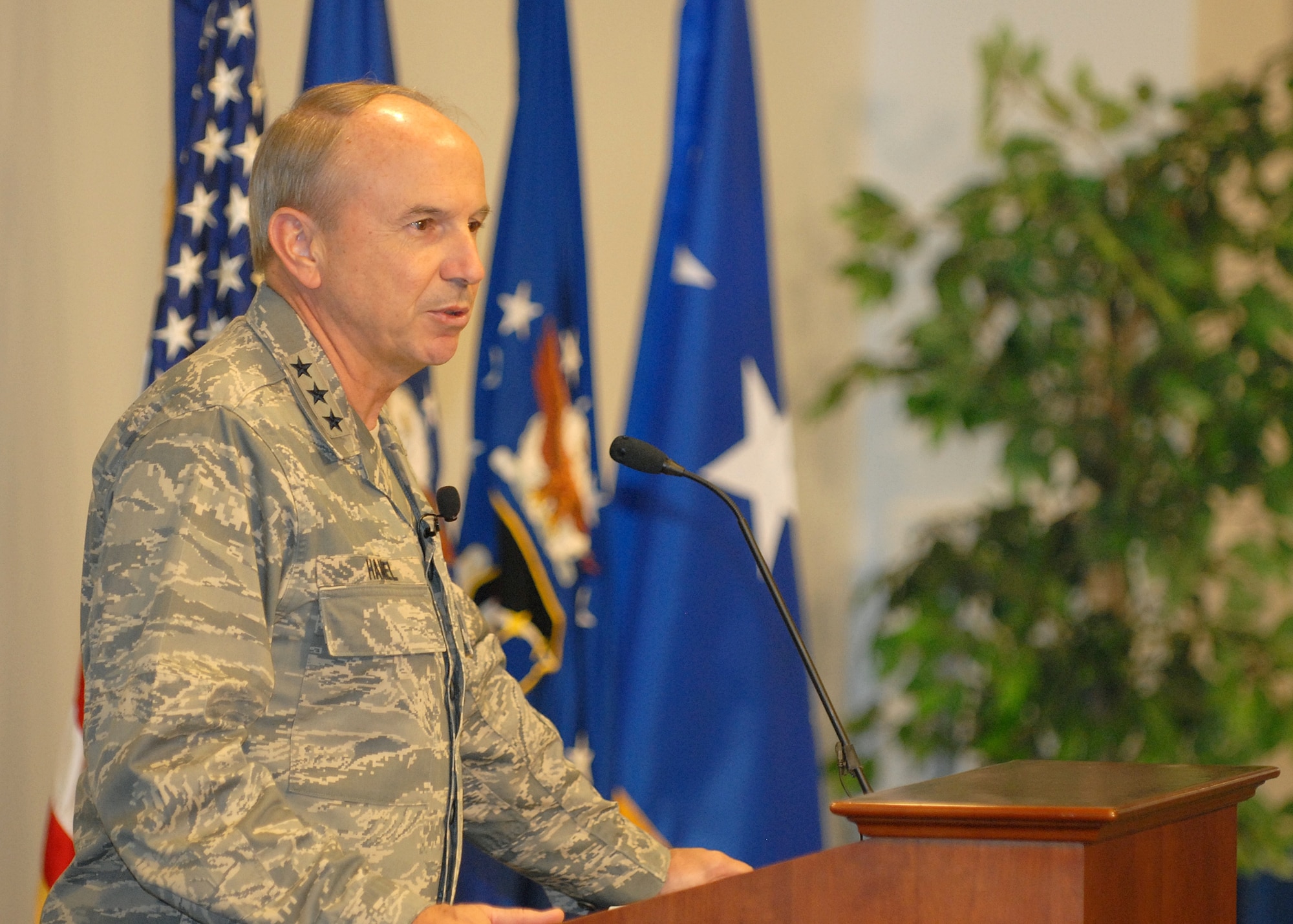 Lt. Gen Michael Hamel addressed base personnel at a Welcome Home Ceremony, Dec. 6. The event was held in conjunction with the base’s annual Wingman Day. (Photo by Stephen Schester)