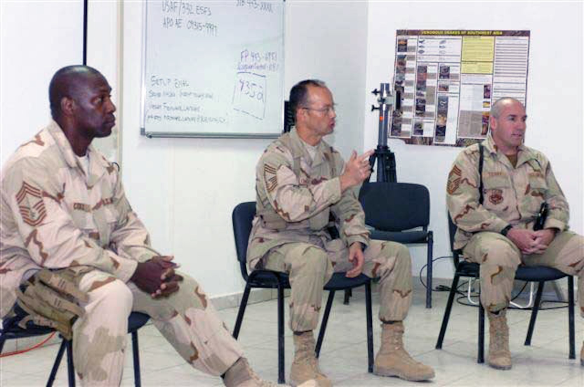 Chief master sergeants share their insight and experiences with junior noncommissioned officers during recent Combat Leadership Course Dec. 6 at Balad Air Base, Iraq. The five-hour course focused on combat environment issues such as situational awareness and performing combat missions outside the wire. (U.S. Air Force photo/Master Sgt. Christopher A. Hernandez)