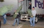 Volunteers from various squadrons on Lackland Air Force Base, Texas, unload a special delivery from FedEx on Dec. 6 - live Christmas trees. An additional 145 trees will be delivered Dec. 12. FedEx and the Christmas SPIRIT Foundation teamed together to provide approximately 20,000 trees to more than 30 military installations this year, including two in Texas, Fort Hood and Lackland AFB. (USAF photo by Alan Boedeker)                               