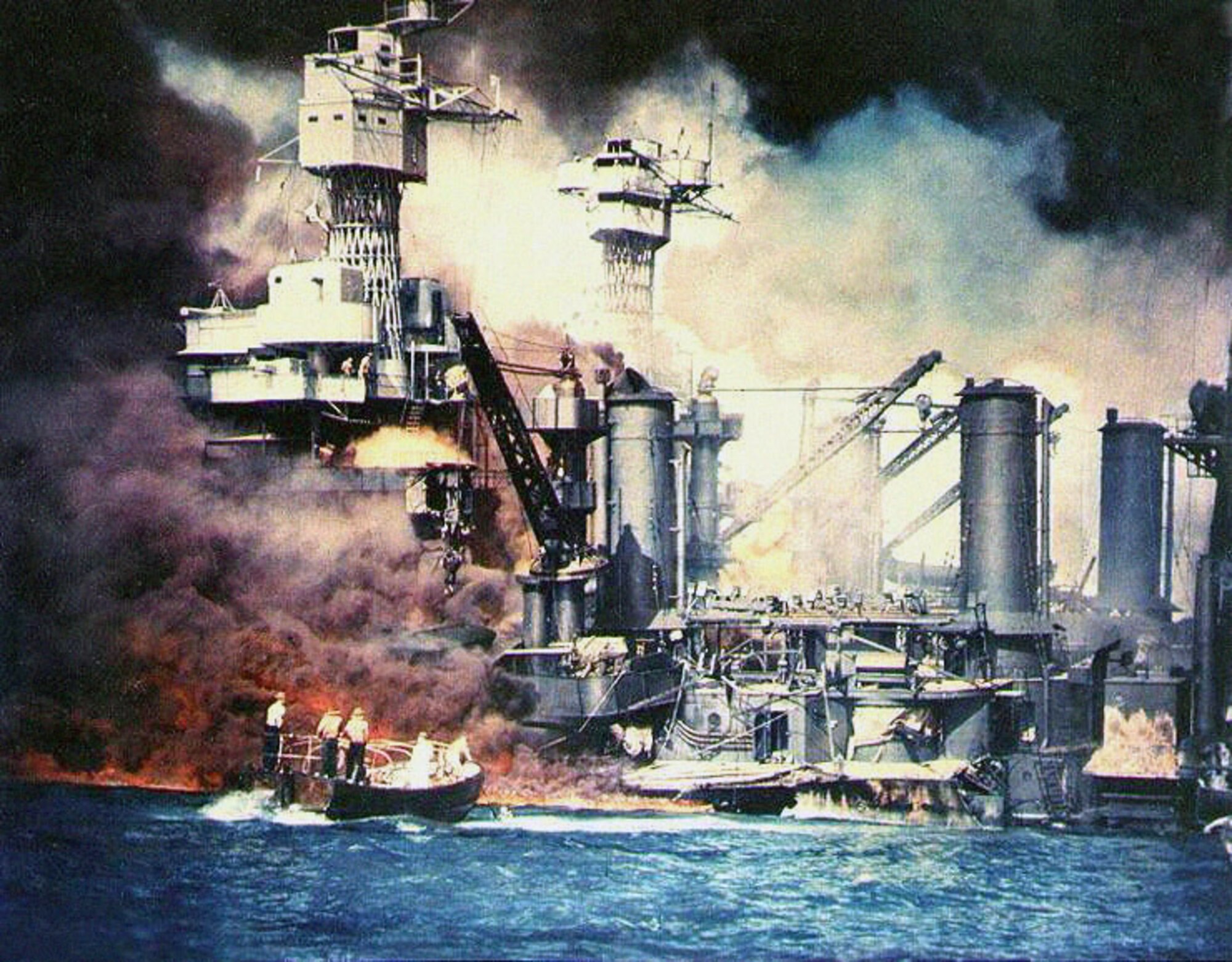 Sailors in a motor launch rescue a survivor from the water alongside the sunken West Virginia during or shortly after the Japanese air raid Dec. 7, 1941, at Pearl Harbor. (U.S. Navy photo/C-5904 National Archives) 