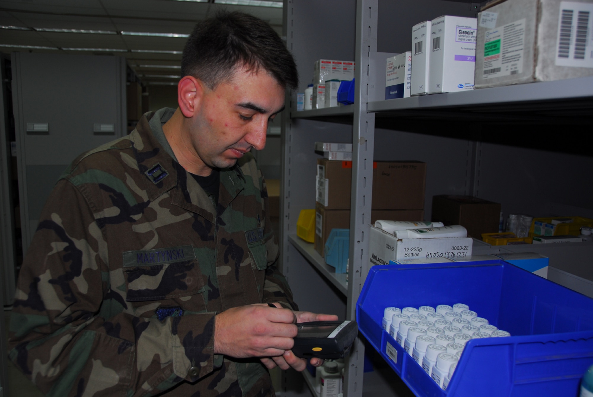 OSAN AIR BASE, Republic of Korea --  Capt. Cory Martynski, the medical logistics flight commander with the 51st Medical Support Squadron, conducts an inventory of medical supplies here recently. Captain Martynski was selected for Pacific Air Forces' Outstanding Medical Logistics Award – company grade officer category. (U.S. Air Force photo by Staff Sgt. Ronnie Hill)