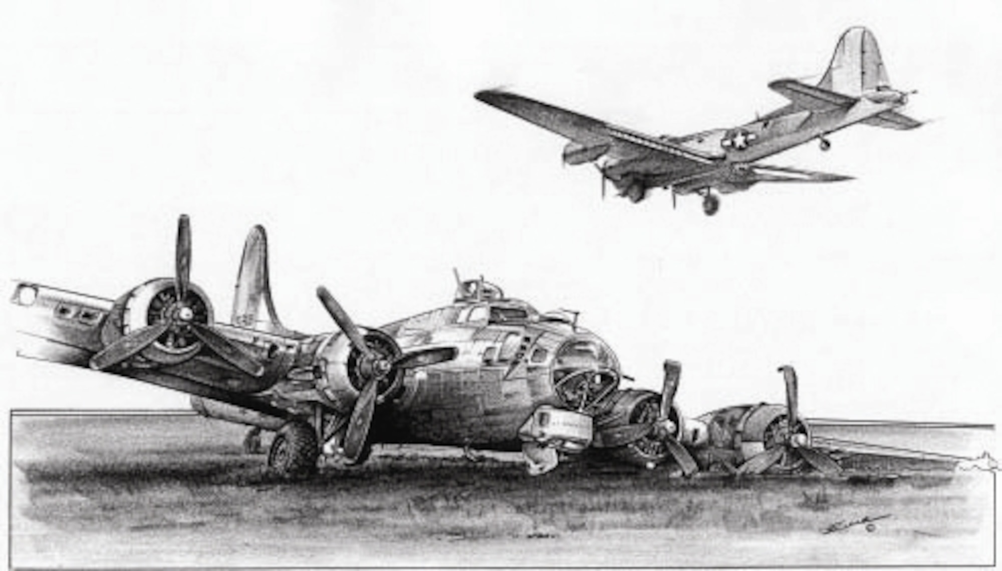 Depiction of a crippled B-17 settled on the ground. (U. S. Air Force artwork)
