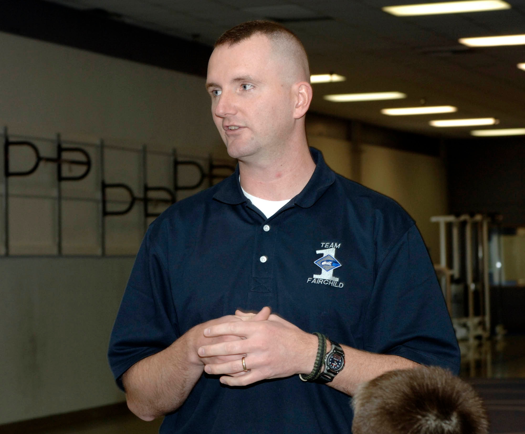 FAIRCHILD AIR FORCE BASE, Wash. – Master Sgt. Joseph Guzik, 92nd Civil Engineering Squadron first sergeant, clarifies the rules of the push-up-athon Dec. 6 at the base fitness center. The event was led by Sergeant Guzik and sponsored by the First Sergeant Council. The event hosted 15 contestants of all ages. Members raised money by gathering pledges and then did as many as they could in a two minute increment. The money raised is going to off set the price of Air Mobility Command annual awards. (U.S. Air Force photo/Staff Sgt. JT May III)