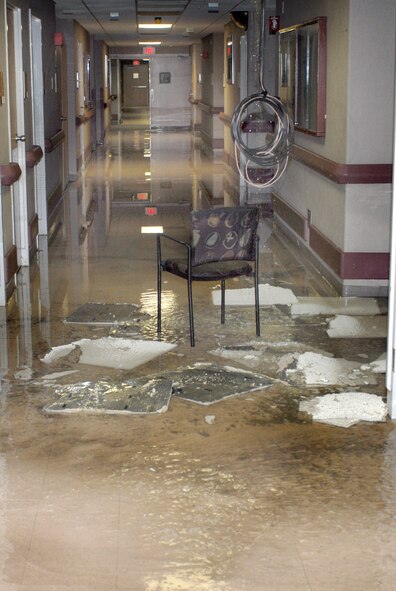 A hot water pipe burst at the base medical clinic Dec. 5th, leaking 500 to 1000 gallons of water causing an estimated $75,000 in damage.(photo by Staff Sgt. Christopher Hummel)