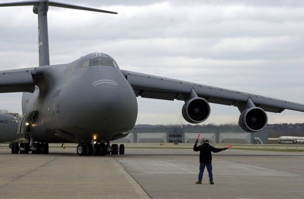 A C-5 Galaxy from Wright-Patterson Air Force Base, Ohio, fully laden with equipment and people from the 934th Airlift Wing taxis to the runway bound for Gulfport, Miss., for the Operational Readiness Exercise(Air Force Photo/Staff Sgt. Michael Edmond).