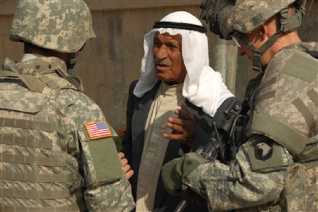 A resident (center) of Bakariya, Iraq, talks to U.S. Army Capt. Thomas Melton (right) and his interpreter during a census mission in Bakariya on Dec. 4, 2007.  Melton is the commander of Alpha Troop, 1st Squadron, 75th Cavalry Regiment, 2nd Brigade Combat Team, 101st Airborne Division.  