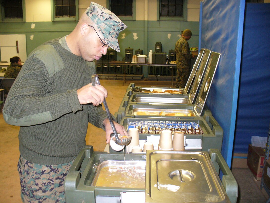 Gunnery Sgt. Shawn L. Wilkinson, mess hall manager during Quantico Viper, tries some beef stew before evening chow. Quantico Viper also included food service Marines from Headquarters and Service Battlion, 4th Marine Logistics Group, who won the 2008 Major General W. P. T. Hill Memorial Award.