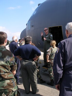 A group of Florida Civil Air Patrol cadets visited the Air Force Reserve's 920th Rescue Wing December 1. During their visit the director of operations, Lt. Col. Jeff Hannold, 39th Rescue Squadron, educated them on the extended-range HC-130P/N Hercules refueling aircraft.  The aircraft is used for search and rescue efforts in addition to  extending the range of HH-60 Pave Hawk Helicopters during search and rescue missions. The cadets had the chance to go inside the aircraft's fuselage as well.  They finished the morning with lunch at the Patrick Air Force Base Dining Facility.