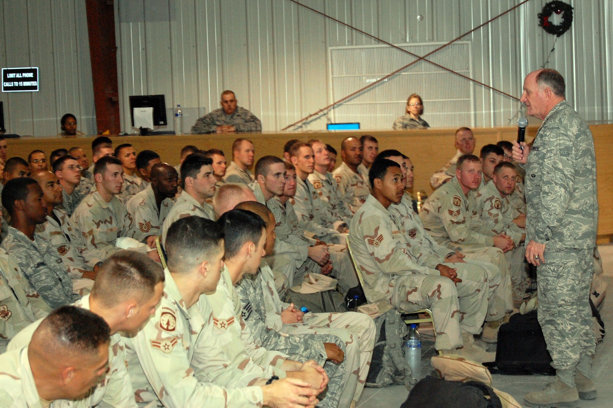 SOUTHWEST ASIA – Maj. Gen. Charles Baldwin speaks to Airmen redeploying home at an air base in the Middle East Nov. 6. The Airmen, from the 886th Expeditionary Security Forces Squadron, have finished a six-month tour at Camp Bucca, Iraq. Chaplain Baldwin is the Air Force’s chief of chaplains.  (Air Force photo\ Staff Sgt. Phillip Butterfield)