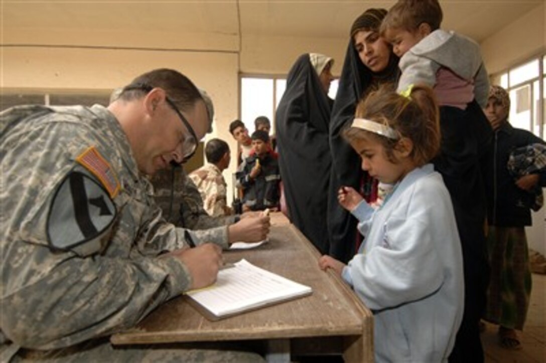 U.S. Army Staff Sgt. Jonathan McCravy writes down symptoms of those seeking medical treatment during a combined medical mission in Quadria, Iraq, on Dec. 7, 2007. McCravy is attached to the Forward Support Troop, 1st Squadron, 7th Cavalry Regiment.  