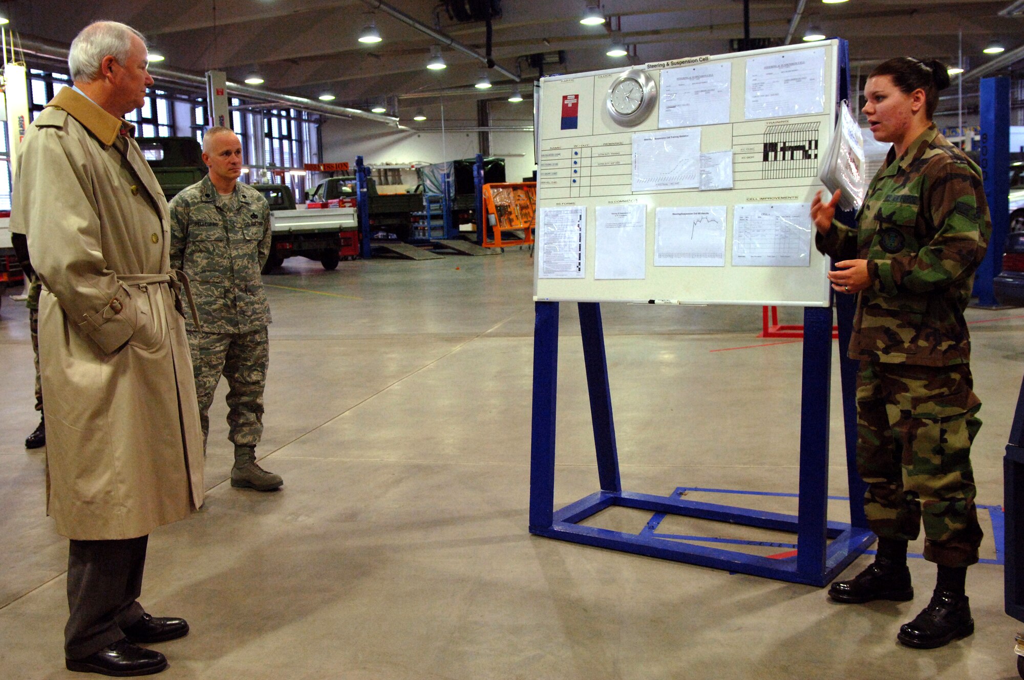 Senior Airman Danae Palacios (right) briefs Secretary of the Air Force Michael W. Wynne (left) on the use of Air Force Smart Operations for the 21st century tools to make work in the 435th Vehicle Readiness Squadron's steering and suspension cell more productive with fewer defects and returns Dec. 11 at Ramstein Air Base, Germany. Airman Palacios is assigned to the 435th Vehicle Readiness Squadron. (U.S. Air Force photo/Airman 1st Class Kelly LeGuillon) 
