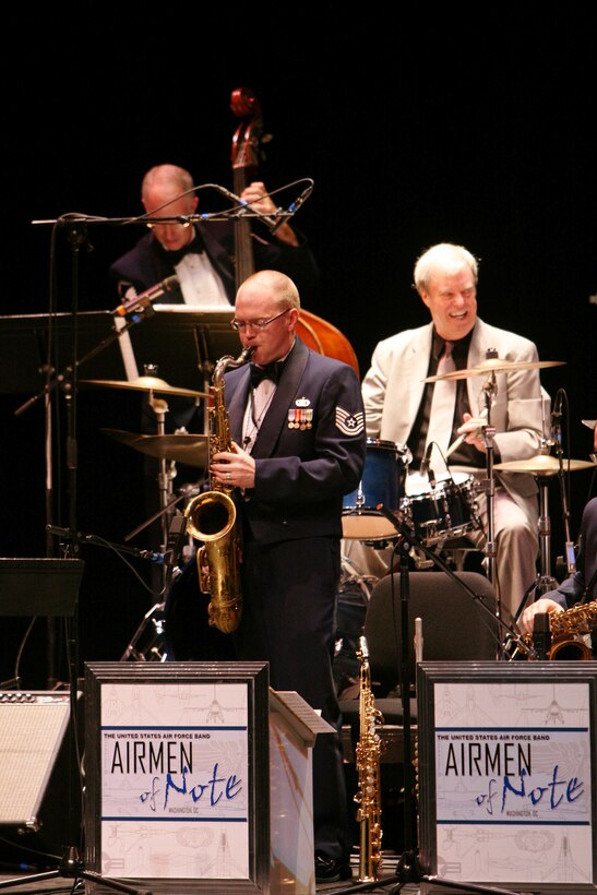 Technical Sgt. Tedd Baker Airmen of Note performs a tenor saxophone solo during a 2007 Jazz Heritage Series concert at Lisner Auditorium in Washington, D.C. Jazz legend drummer Butch Miles was the guest artist.  (U.S. Air Force photo by SMSgt Robert Mesite)