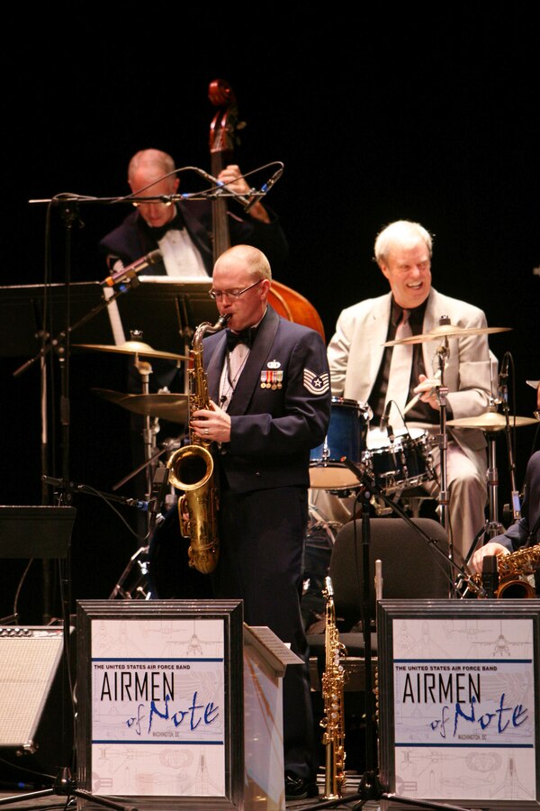 Technical Sgt. Tedd Baker Airmen of Note performs a tenor saxophone solo during a 2007 Jazz Heritage Series concert at Lisner Auditorium in Washington, D.C. Jazz legend drummer Butch Miles was the guest artist.  (U.S. Air Force photo by SMSgt Robert Mesite)