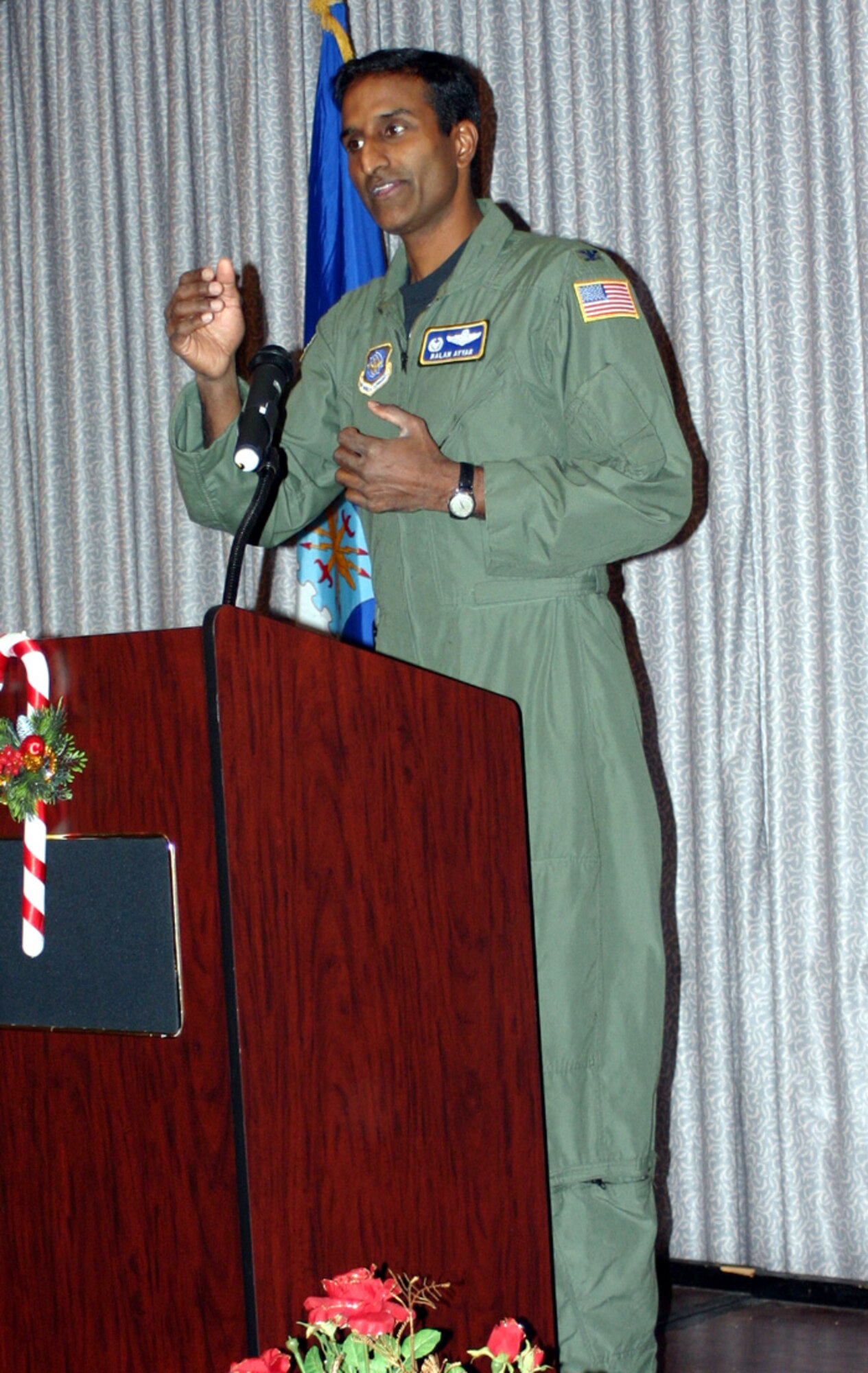 Col. Balan Ayyar, 305th Air Mobility Wing commander, speaks at the 2007 Combined Federal Campaign closing ceremony Dec. 13 here. McGuire contributed $175,111 to the campaign; exceeding the base's original goal. (U.S. Air Force photo/Airman 1st Class Rebekah Phy)