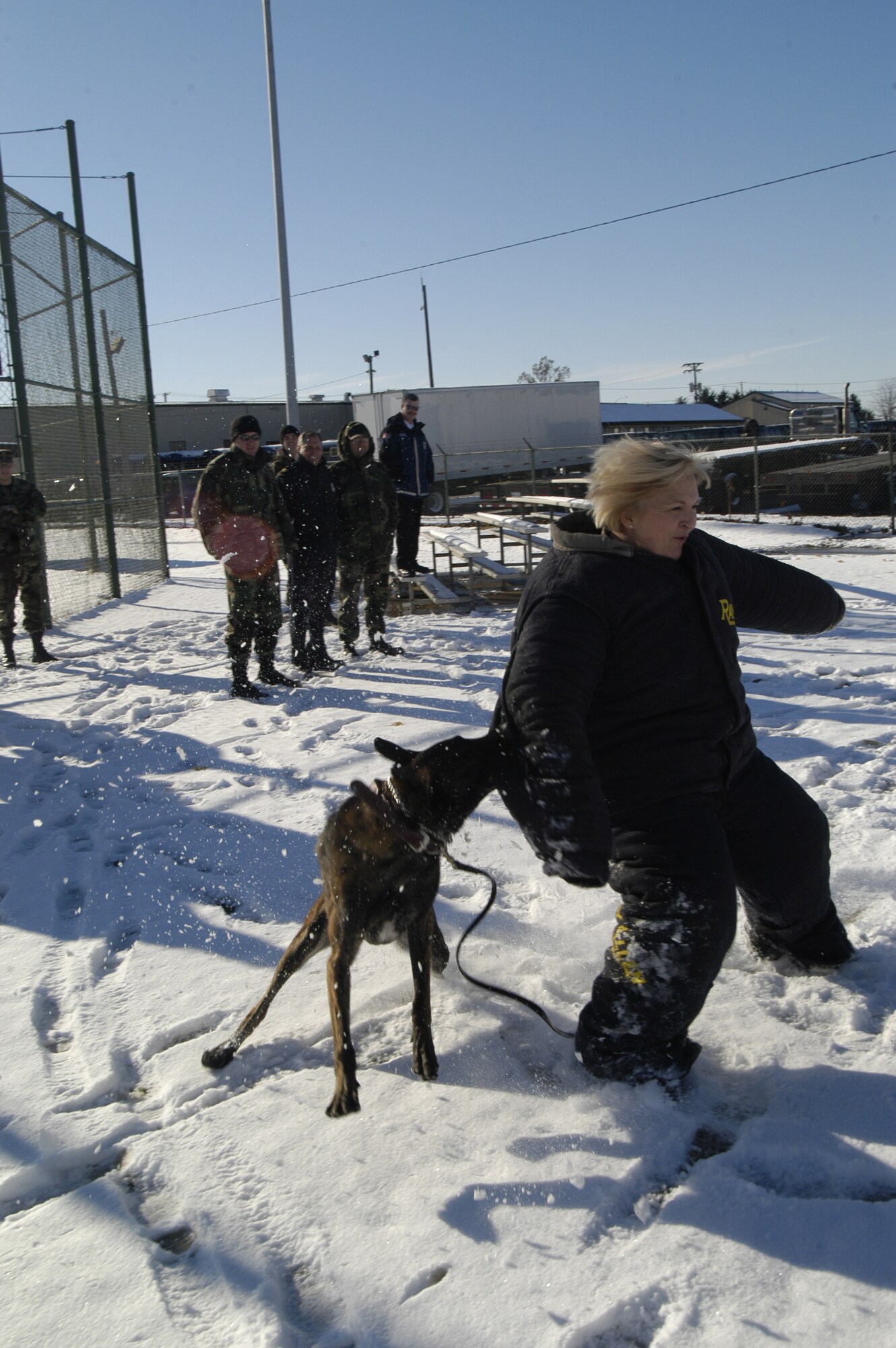 Col. Elaine Barron, 512th Mission Support Group commander is “attacked” by Military Working Dog Llance, a 4-year-old German Shepherd during a MWD demonstration led by MWD trainer Staff Sgt. Ryan Walker, as a part of the Incident Management Course Dec. 6.  (U.S. Air Force photo/Airman Shen-Chia Chu)              