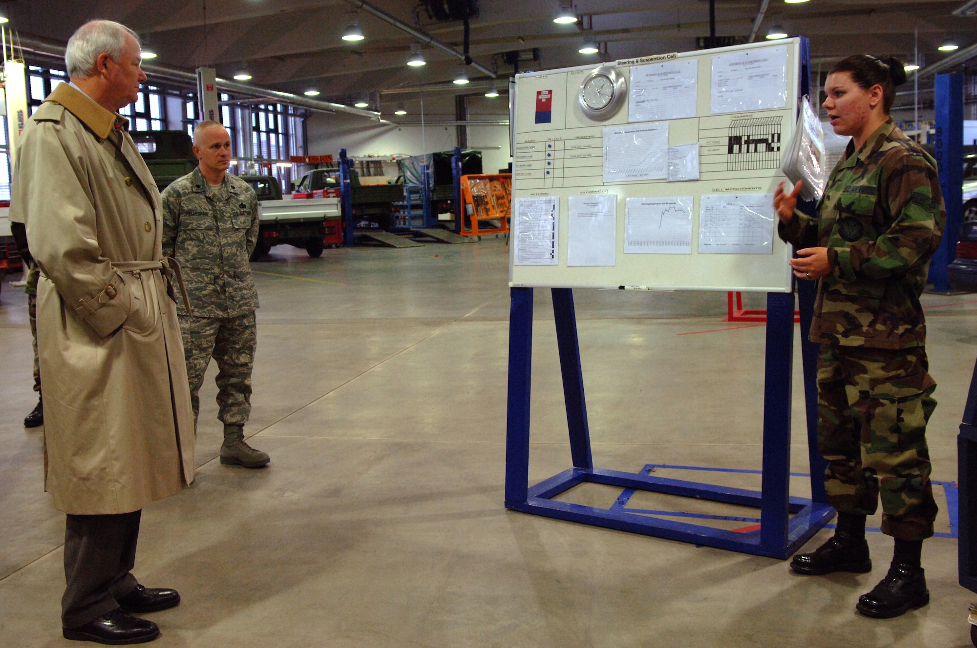 Senior Airman Danae Palacios (right), 435th Vehicle Readiness Squadron, hit a home run with her briefing to Secretary of the Air Force Michael W. Wynne (left) on the use of Air Force Smart Operations for the 21st Century (AFSO21) tools to make work in the 435th Vehicle Readiness Squadron’s Steering & Suspension cell more productive with fewer defects and returns.  (U.S. Air Force Photo by Airman 1st Class Kelly LeGuillon)