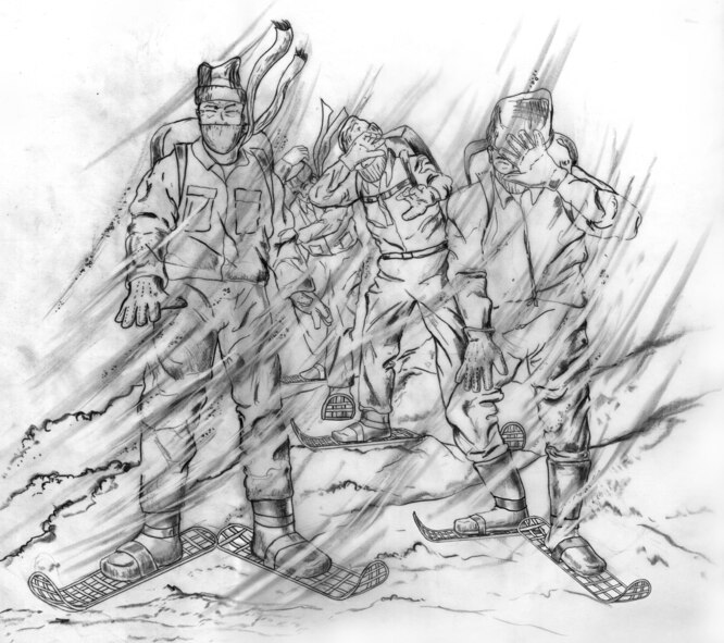 Wind-whipped snow stung their eyes as the four Airmen blindly made their way down the mountain. (Illustration by Sammie W. King)