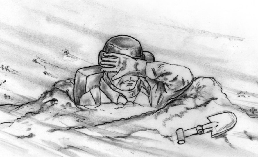 Four Airmen had to build a snow cave when they got trapped in a blizzard atop Mount Saint Helens in Washington.  (Illustration by Sammie W. King)