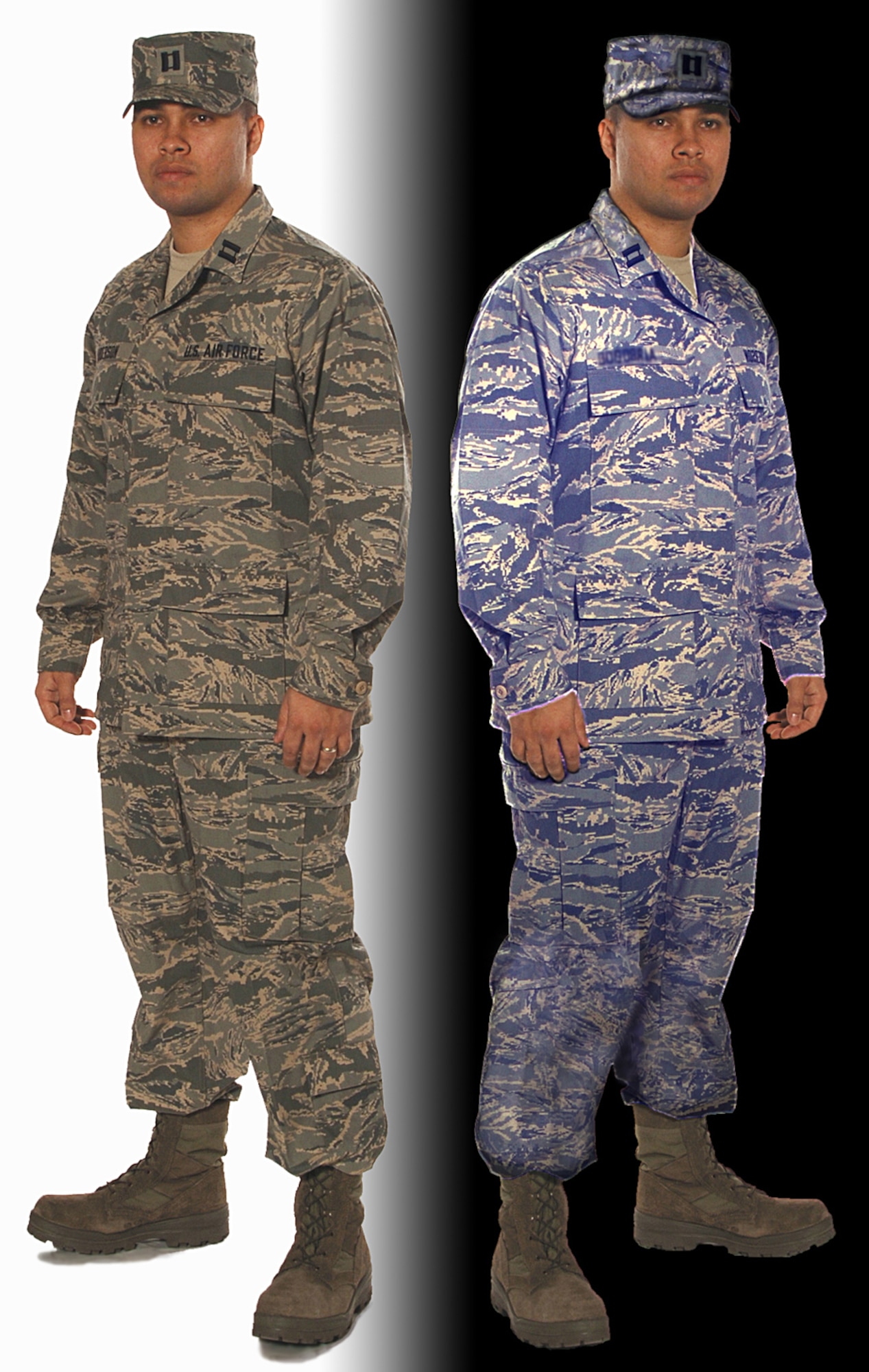 Which uniform would you want to wear into battle? Optical brighteners in many laundry detergents make the Airman battle Uniform more detectable by night vision equipment. At far right, the photo illustration demonstrates how a uniform washed in laundry detergent with optical brightener additives would look under an ultraviolet light, while the left side shows how it looks when washed without the optical brighteners. (photo by Senior Airman Stephen Cadette)