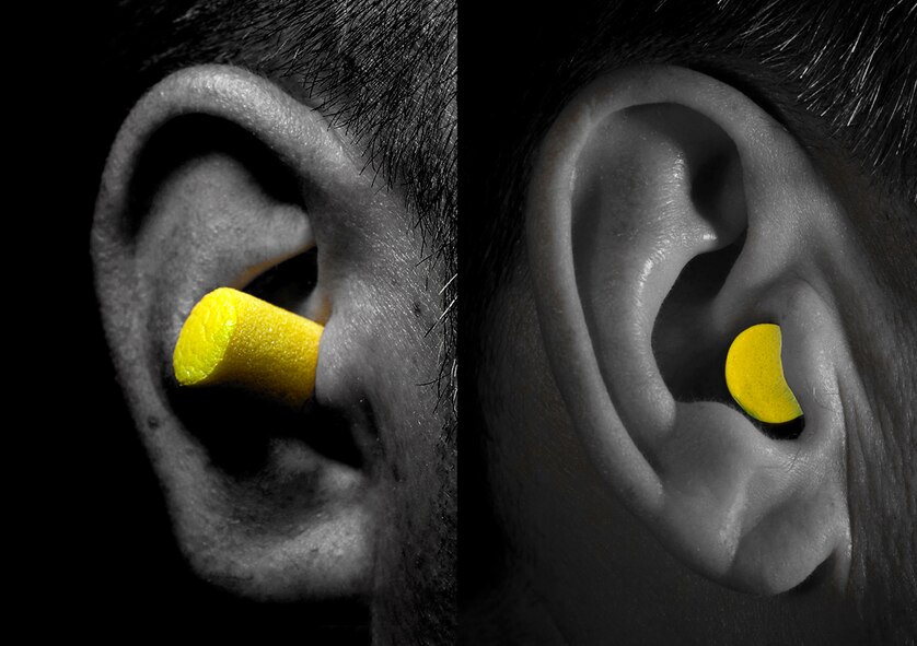 Earplugs are the most popular type of hearing protection. They come in many forms, but those made of yellow expandable foam that conforms to the ear canal are most familiar to us. To be effective, they must be installed properly, which means inserting them well into the ear canal to seal it entirely. (Photos by Tech. Sgt. Matthew Hannen)