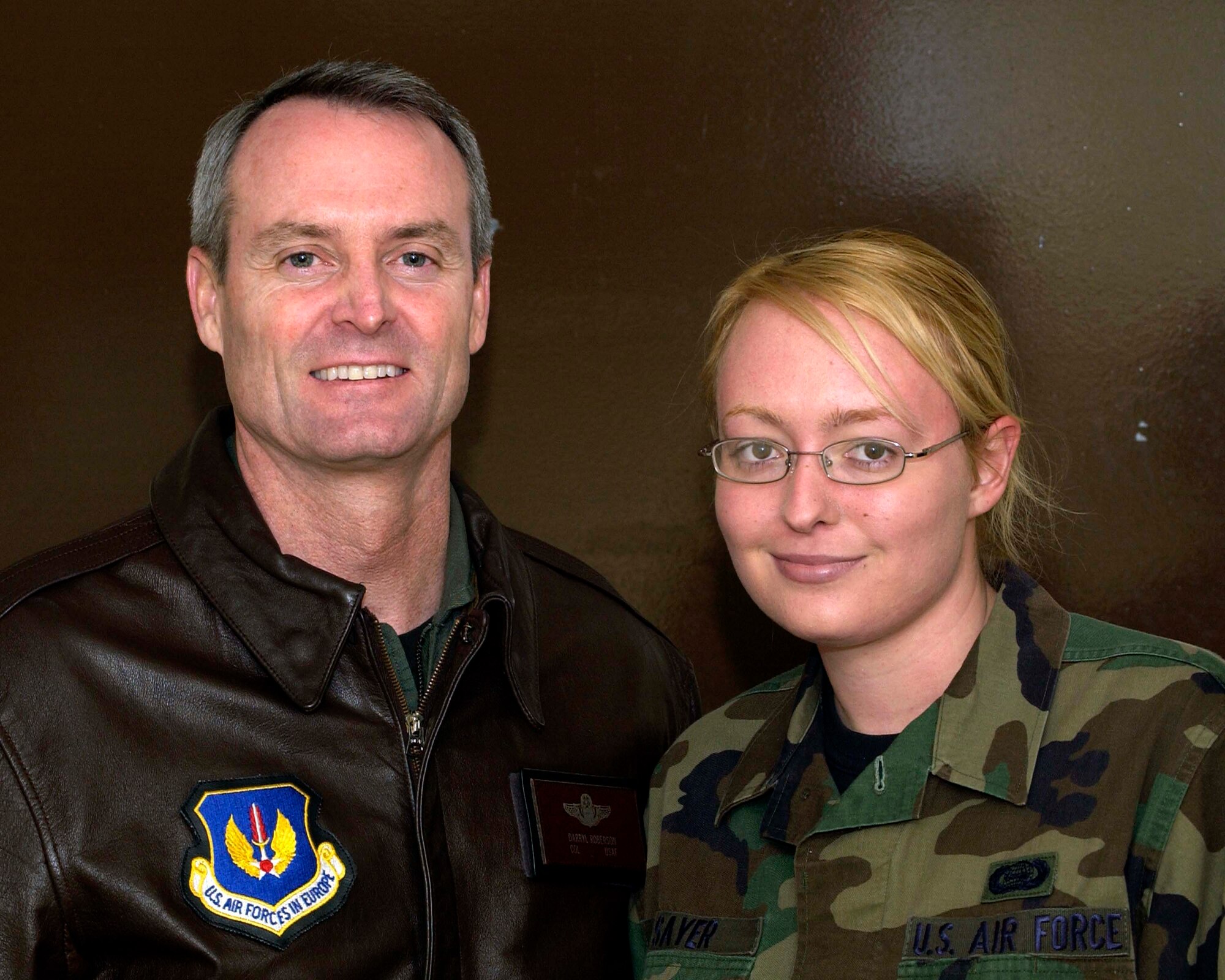 SPANGDAHLEM AIR BASE, Germany – Col. Darryl Roberson, 52nd Fighter Wing commander, meets with Airman 1st Class Alison Sayer, 52nd Operations Support Squadron, who is about to spend some time learning about her job. Airman Sayer is a native of Lake Arrowhead, Calif. She is actively involved in the base community, she the president of her dormitory council and volunteers for Airmen Against Drunk Driving. (U.S. Air Force photo/Staff Sgt. Chris Mills)  