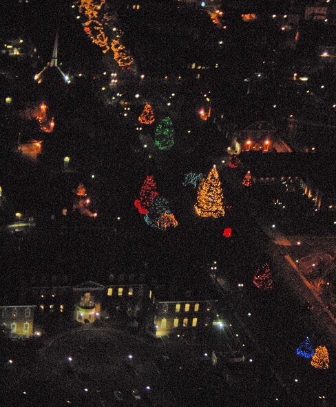 A view of holiday lights in downtown Dover taken from about 1000 feet out of a Dover Air Force Base Aero Club Cessna aircraft during a Christmas Light Flight Dec. 12. (U.S. Air Force photo/Tech. Sgt. Kevin Wallace)
