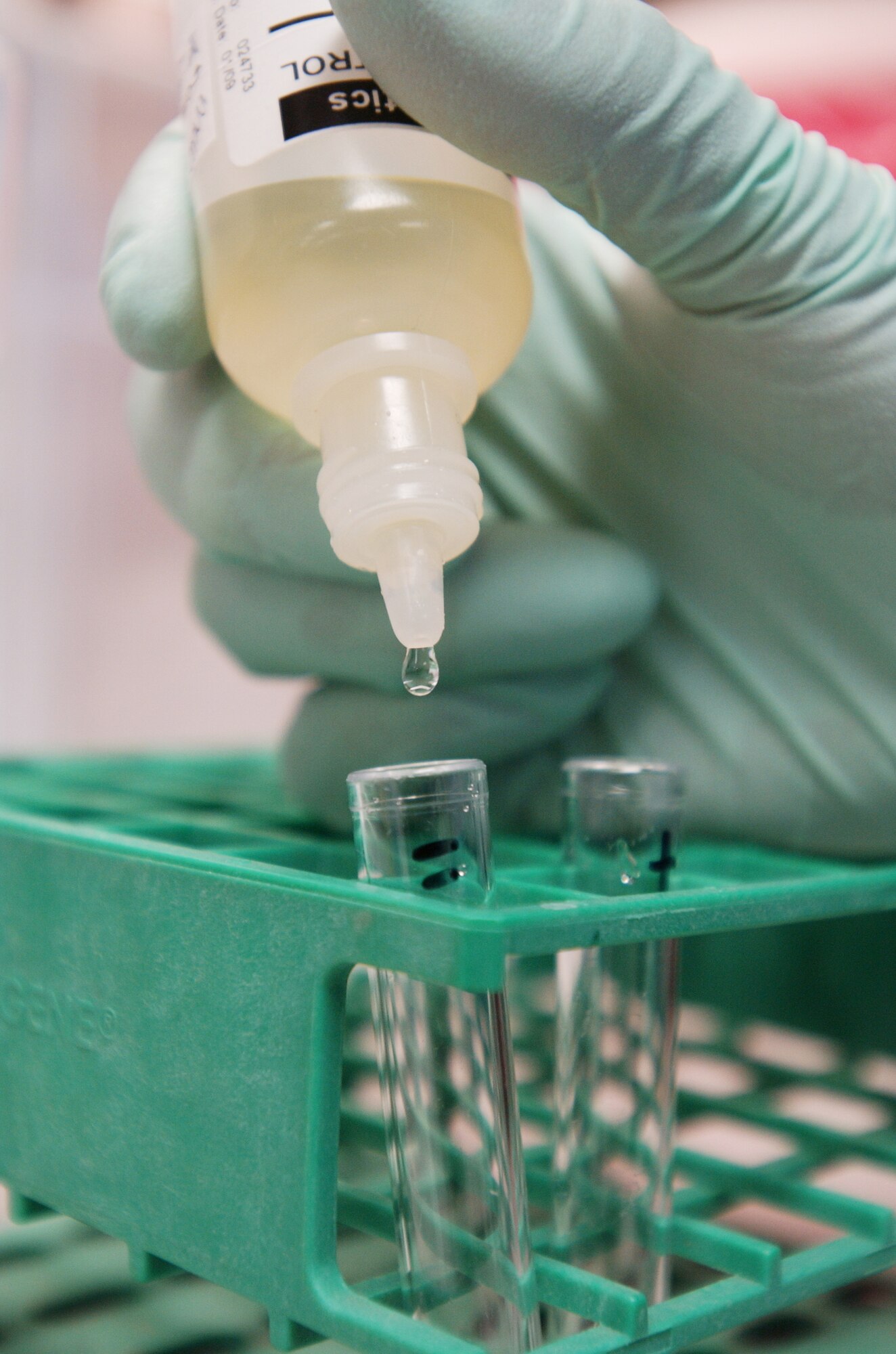 A perfect fluid specimen is placed into a test tube to be used as a control sample that will be compared to a current fluid specimen to determine if the fluid sample has any abnormalities on December 12, 2007 at Eielson AFB, AK.  If a protein is present the fluid sample will turn a different color in comparison to the control sample.  U.S Air Force laboratory technicians uses various methods to test for any abnormalities such as bacteria in blood and fluid samples for clinical diagnosis.

(U.S Air Force photo by Staff Sgt Eric T. Sheler)
