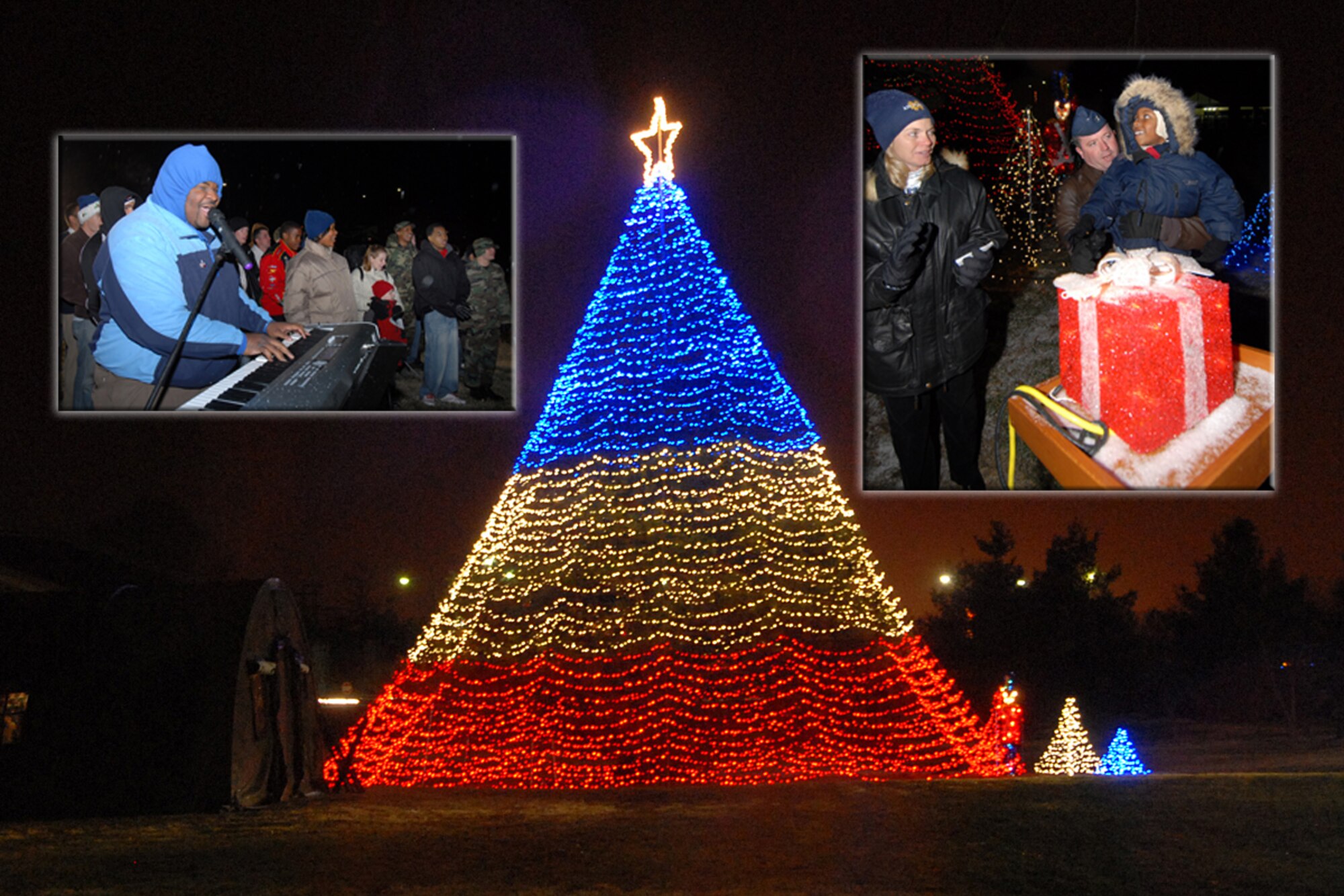 SCOTT AIR FORCE BASE, Ill. -- This holiday season Joint Total Force Scott started to celebrate in a variety of ways. Events kicked off with the USO and Jack Daniels Distillery “Toast to the Troops” concert on Dec. 4 featuring country music star Craig Morgan. Mr. Morgan along with more than a hundred Joint Total Force Scott members stuffed more than 10,000 USO care packages for deployed servicemembers. Joint Total Force Scott came out Thursday and braved the rain and snow to give out nearly 300 free holiday trees and to light the Scott tree. Saturday’s events started with the USO Santa Express event at Union Station in downtown St. Louis, which featured a free ride on the MetroLink and holiday activities for local military families, and ended with the 375th Airlift Wing Holiday party held at the Scott Club. The holiday season has just started for Joint Total Force Scott with many more events to come for more information on holiday events around Scott see upcoming issues of the Command Post. (U.S. Air Force photo by Marv Lynchard)