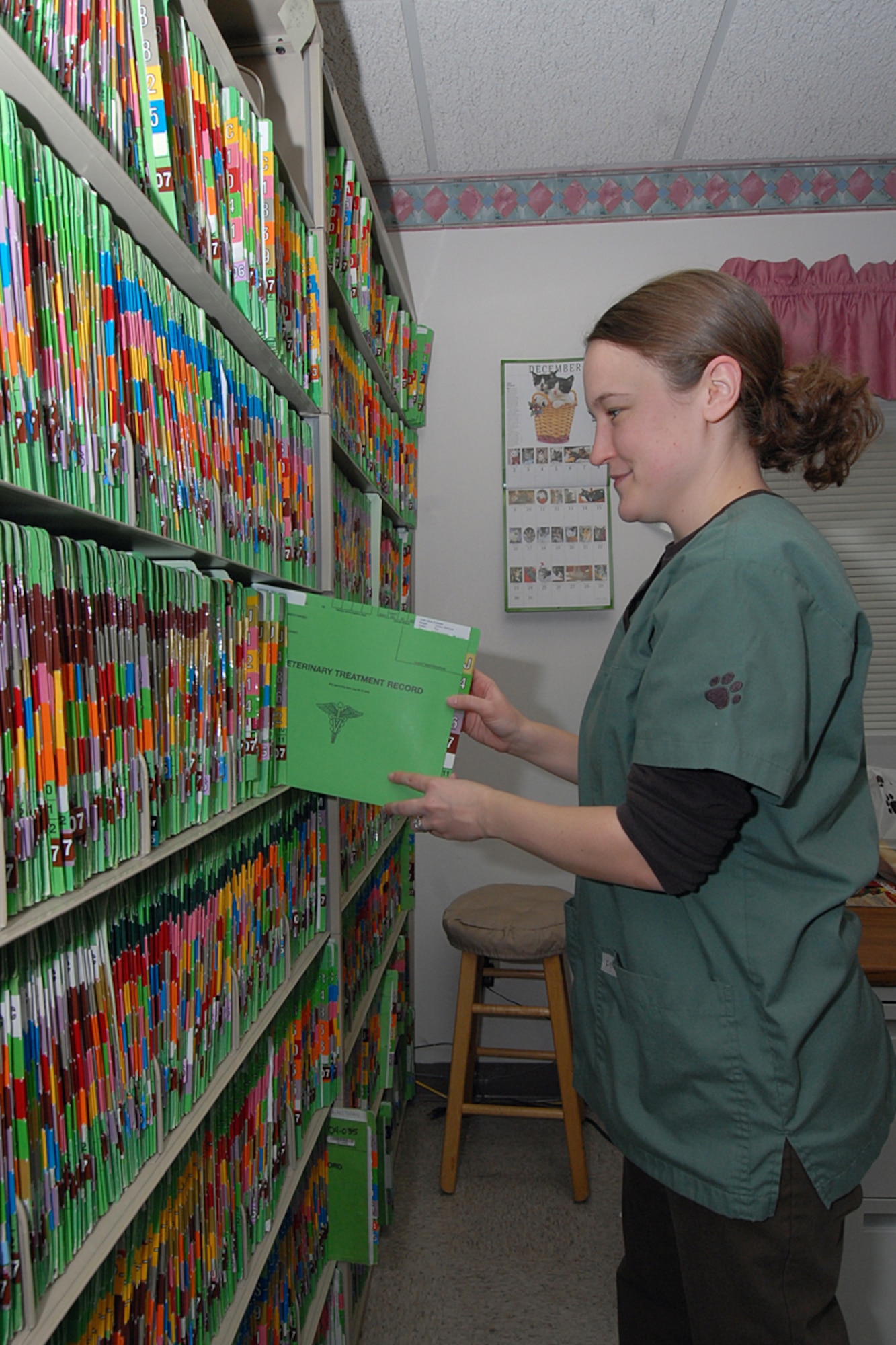 Sandra Lamelin, Veterinarian Clinic veterinarian technician, performs administrative duties as she checks records. (U.S. Air Force photo by Marv Lynchard)