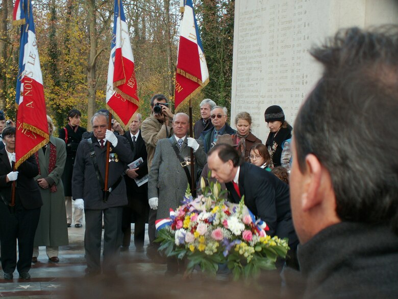 Mr. William Anderson, Assistant Secretary of the Air Force, Installations, Environment, and Logistics lays a wreath at the Lafayette Escadrille Memorial, on Armistice Day, at Marnes-La-Coquette, France.  Mr. Anderson, the Air Force's top energy and environmental steward wrapped up a week-long mission to Europe, building an energy awareness consortium among key British and French Air Force and commercial aviation leaders.