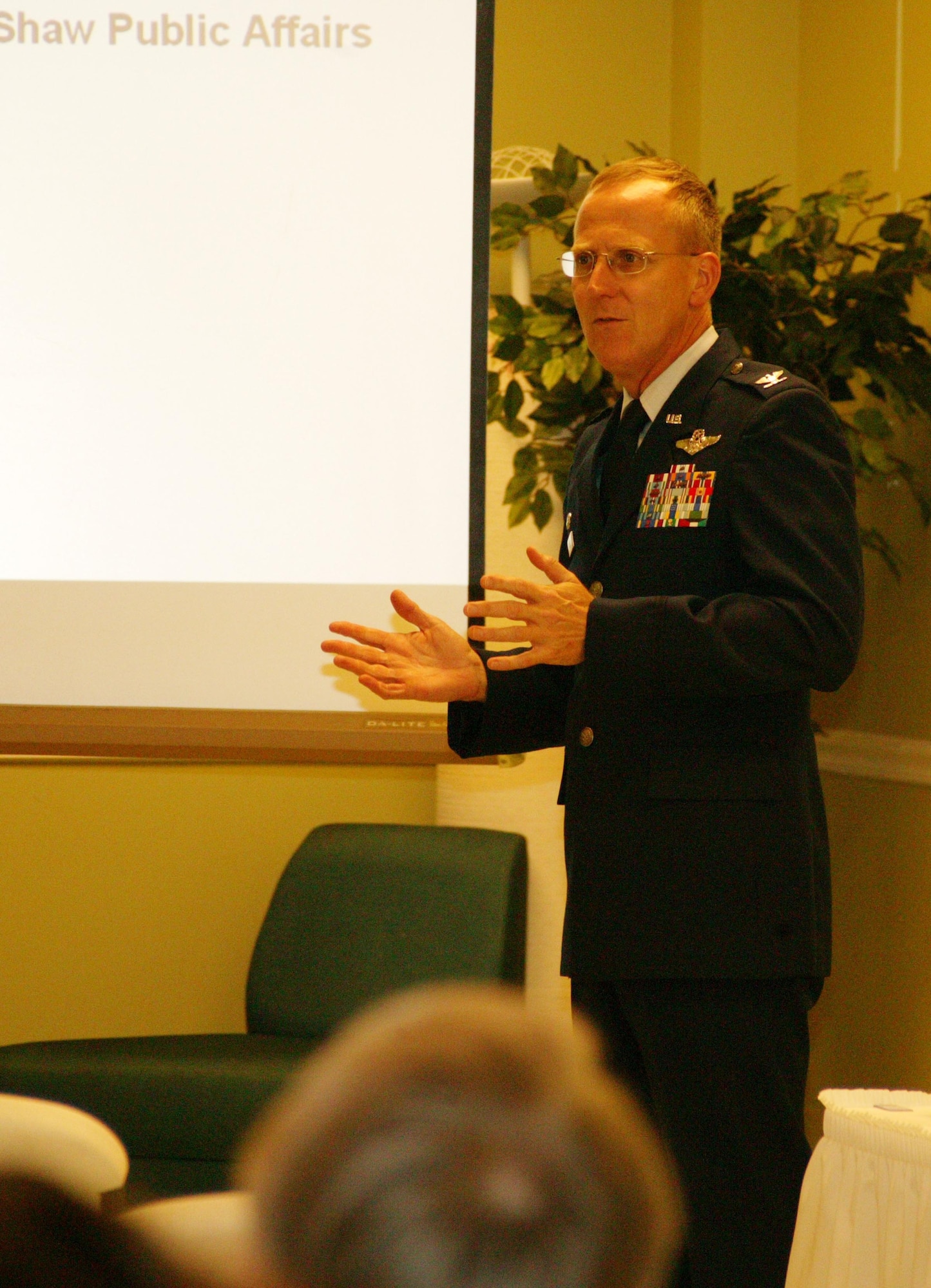 SHAW AIR FORCE BASE, S.C. -- Col. Francis Xavier, 20th Missions Support Group commander, briefs the Restoration Advisory Board's cleanup effort of trichloroethylene, or TCE, in local ground water. Shaw has been aggressively cleaning up TCE since the early 1990s. The purpose of the RAB meeting is to inform the public about the progress and answer any questions or concerns they may have. (U.S. Air Force photo/Tech. Sgt. Kevin Williams)