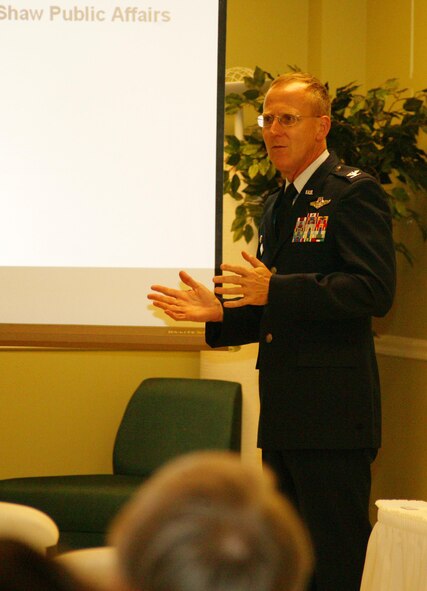 SHAW AIR FORCE BASE, S.C. -- Col. Francis Xavier, 20th Missions Support Group commander, briefs the Restoration Advisory Board's cleanup effort of trichloroethylene, or TCE, in local ground water. Shaw has been aggressively cleaning up TCE since the early 1990s. The purpose of the RAB meeting is to inform the public about the progress and answer any questions or concerns they may have. (U.S. Air Force photo/Tech. Sgt. Kevin Williams)