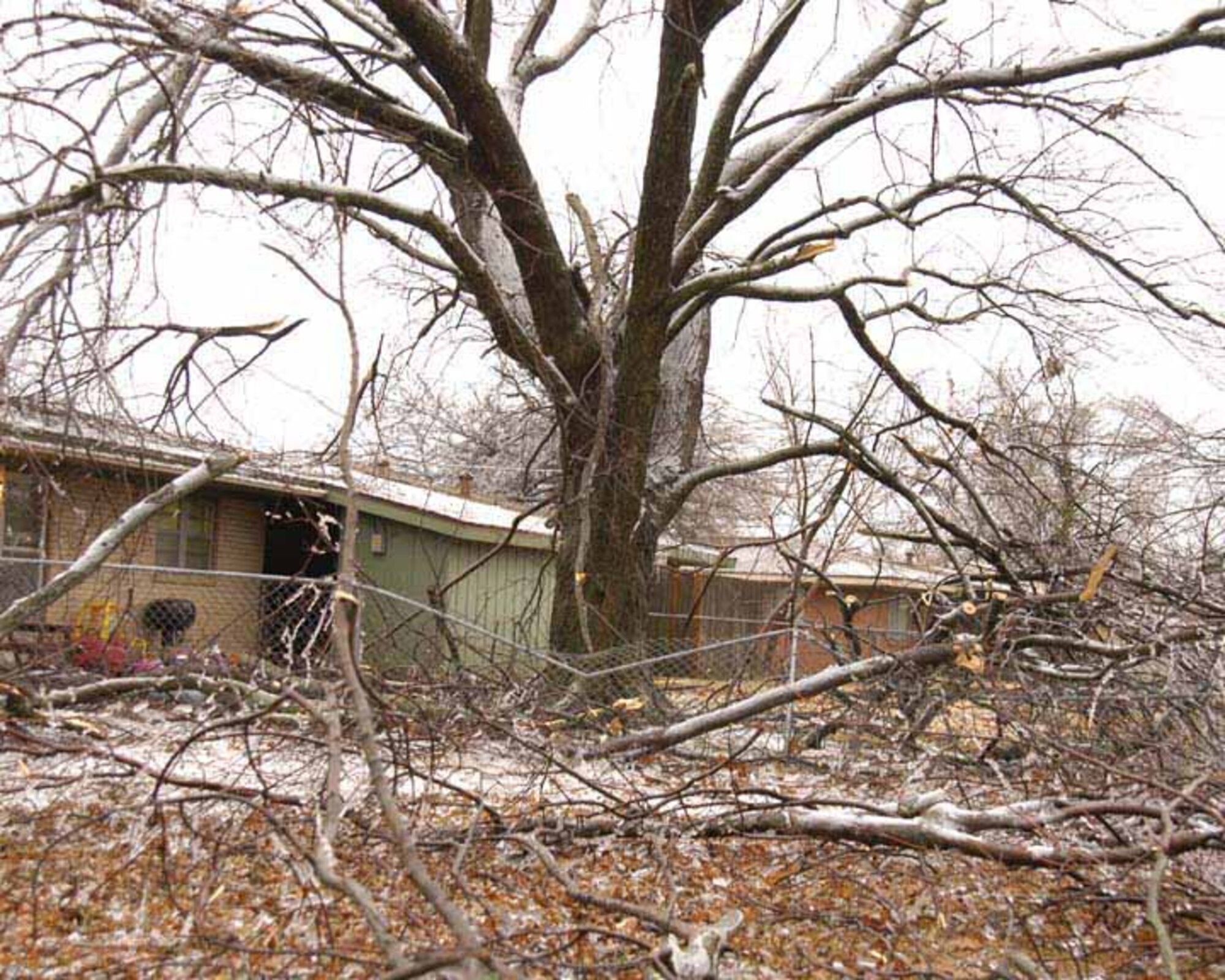 Tinker and much of Oklahoma suffered extensive damage during this week’s severe ice storm. The storm damaged and destroyed many trees on base and disrupted power by knocking out utility lines. Base officials anticipate a lengthy recovery program. What we can do to help will be outlined in next week’s Tinker Take Off.  (Air Force photo by Margo Wright)