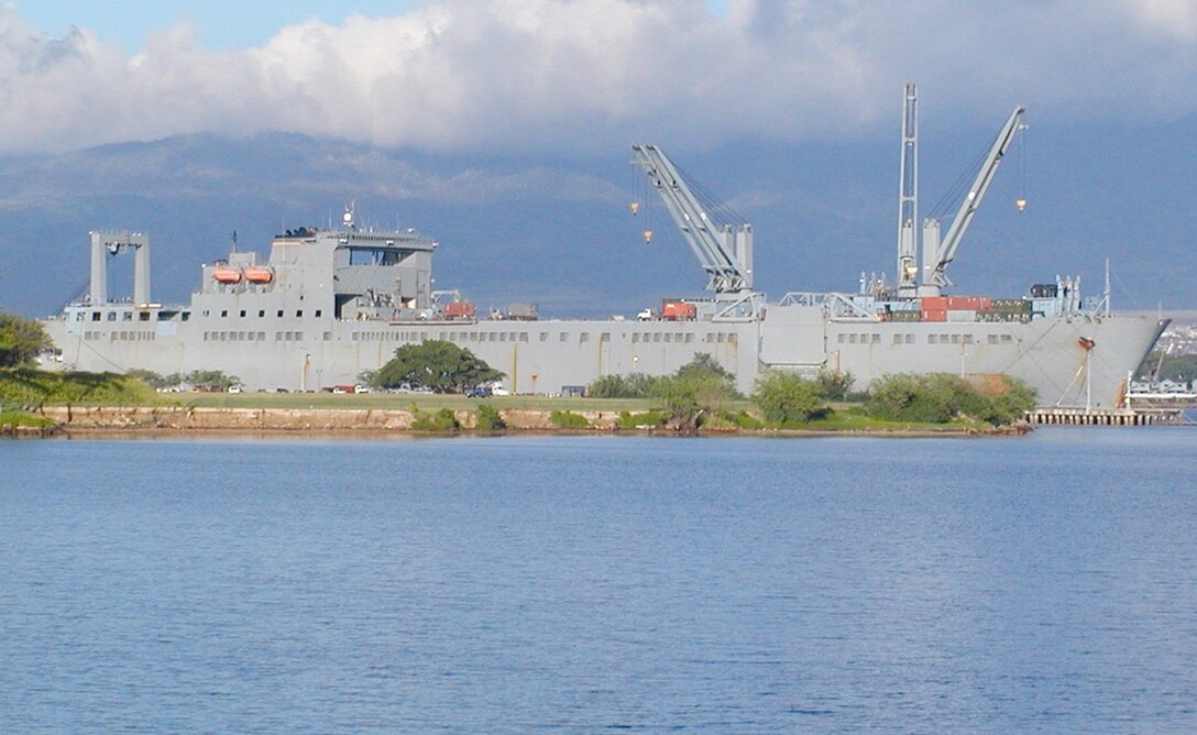 The large, medium-speed, roll-on/roll-off ship USNS Pililaau has 380,000 square feet of cargo capacity, enough to fill nearly eight football fields with military vehicles. U.S. Navy photo
