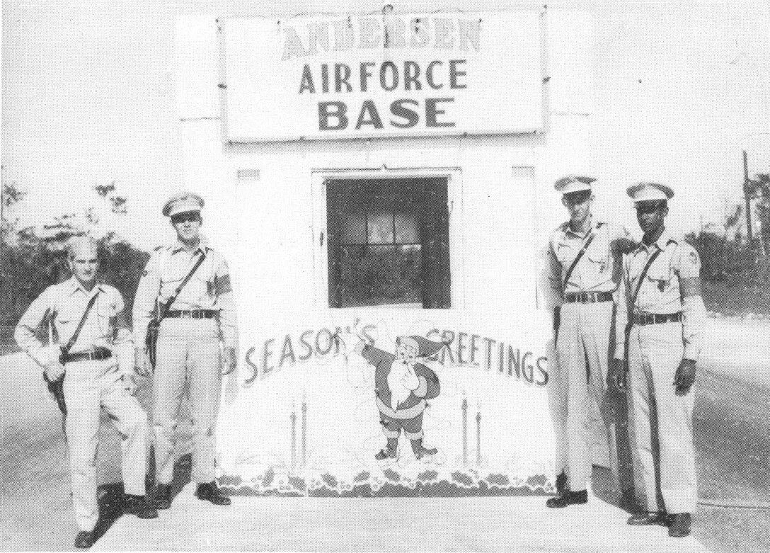 Andersen's old front gate is decked out for the holidays circa 1949. While this photo predates the first Rota Walk by more than 35 years, it shows that Andersenites have long marked the Christmas season with decorations. (Photo courtesy 36th Wing History office)
